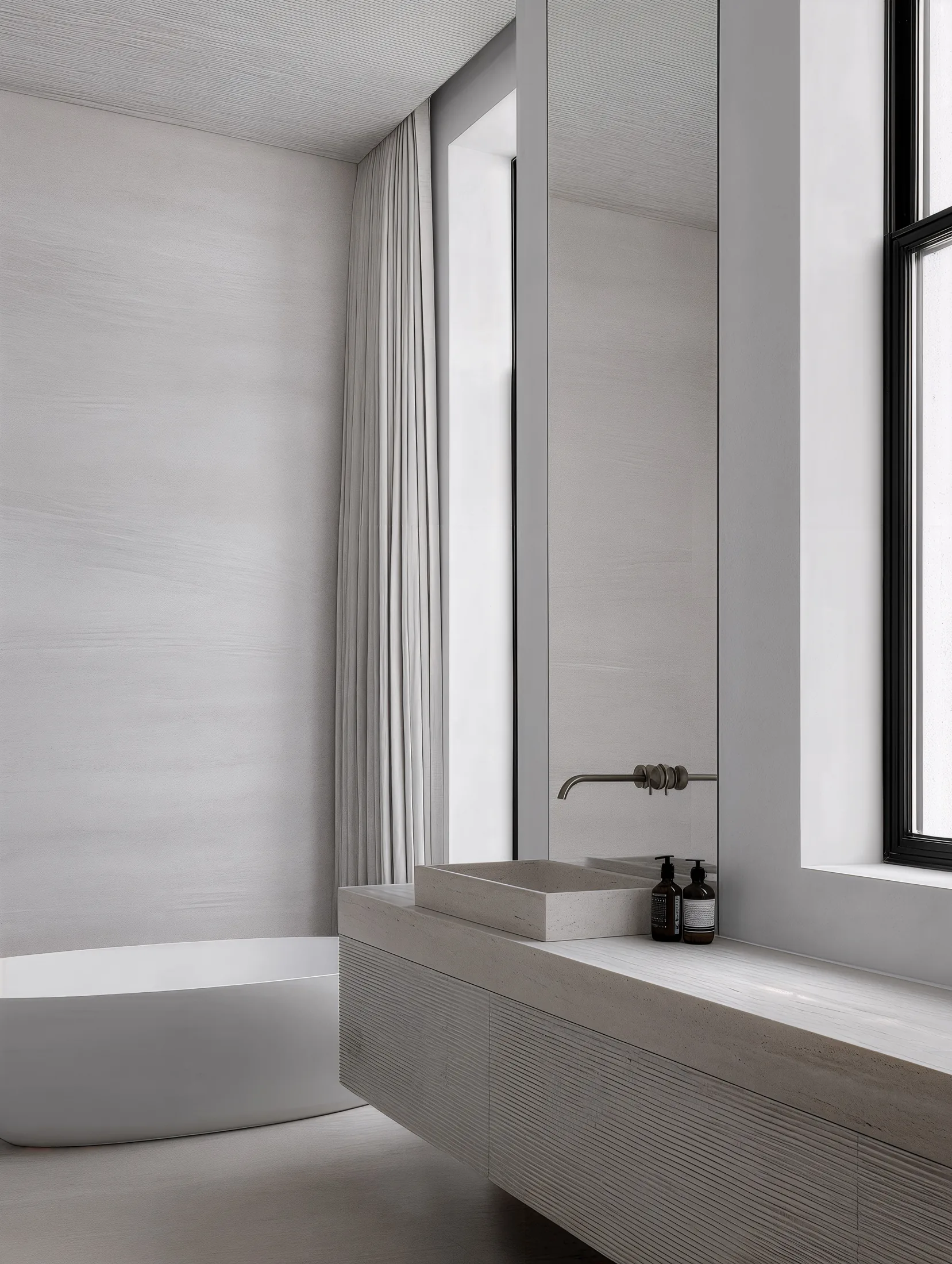 Bathroom of the Saint Prix villa in muted tones and natural textures