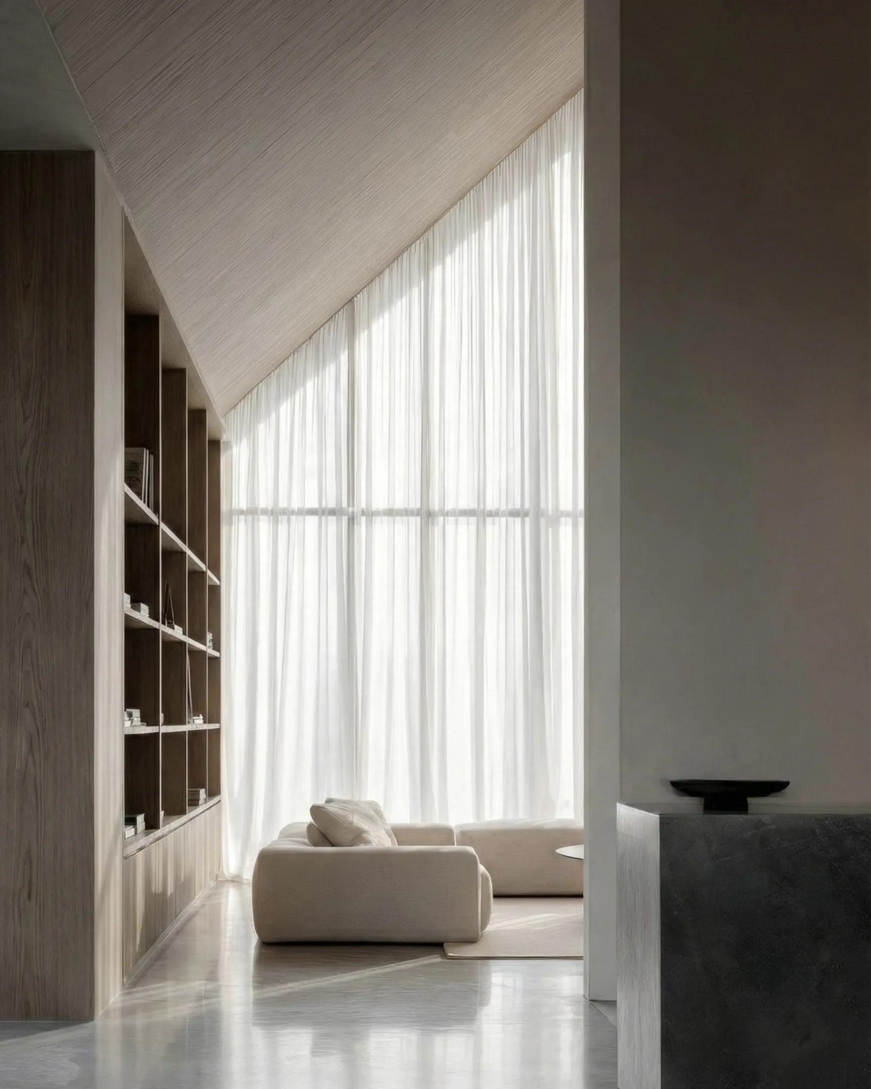 Living space of the Saint Prix villa framed by its pure triangular volume