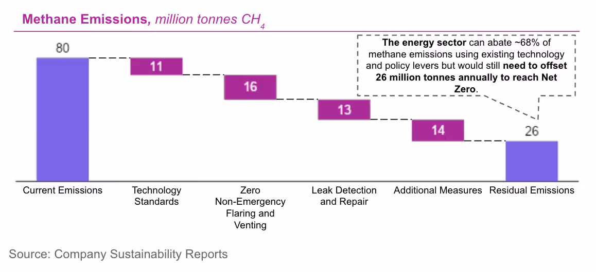 Bar chart showing methane emissions reduction from 80 million tonnes to 26 million tonnes through technology standards, zero non-emergency flaring and venting, leak detection and repair, and additional measures, with a note that the energy sector can abate about 68% of emissions but must offset 26 million tonnes annually to reach Net Zero.