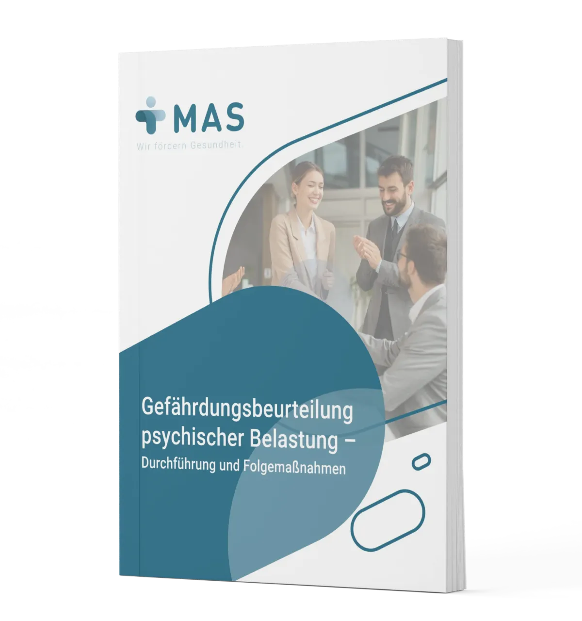 Titelbild einer Broschüre zur Gefährdungsbeurteilung psychischer Belastung mit einem Bild von drei lächelnden Personen in einem Büro.