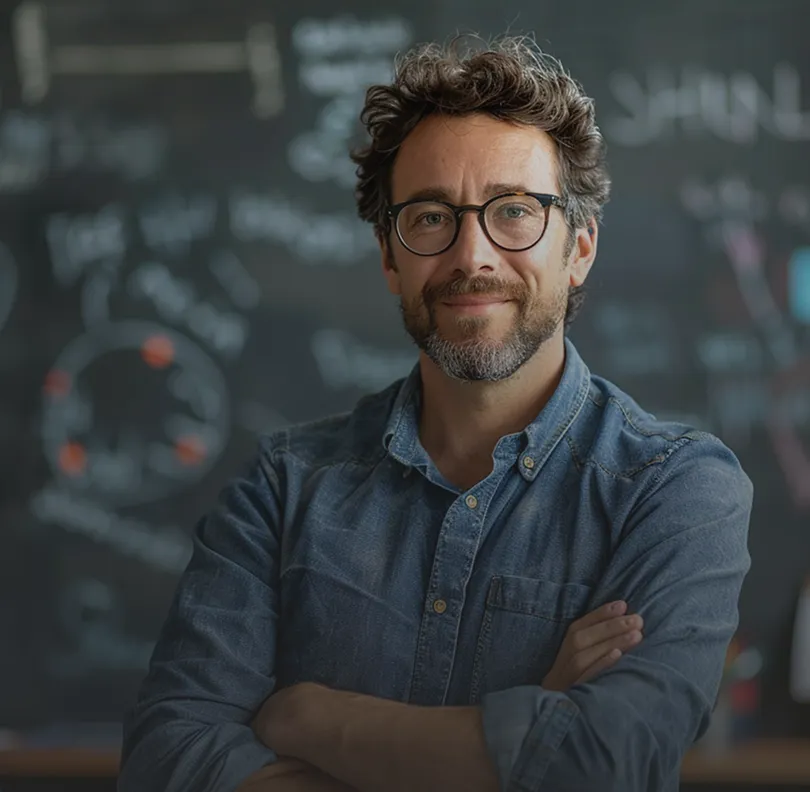 Mann mit Brille und Bart steht mit verschränkten Armen vor einer Tafel mit mathematischen Formeln.