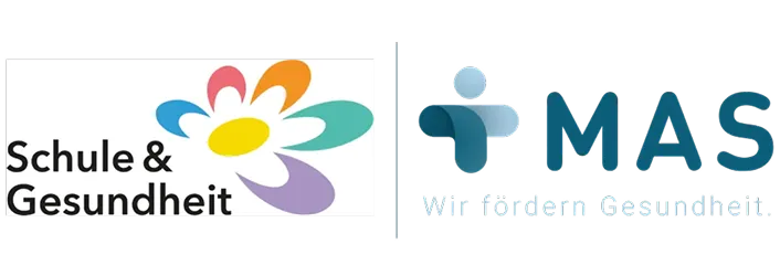 Logo mit einem bunten Blütenblatt und den Worten ‚Schule & Gesundheit‘ sowie dem MAS-Logo mit dem Slogan ‚Wir fördern Gesundheit‘.