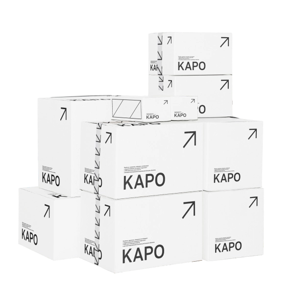 Stack of white boxes labeled 'KAPO' with black arrows pointing upward on a white background.