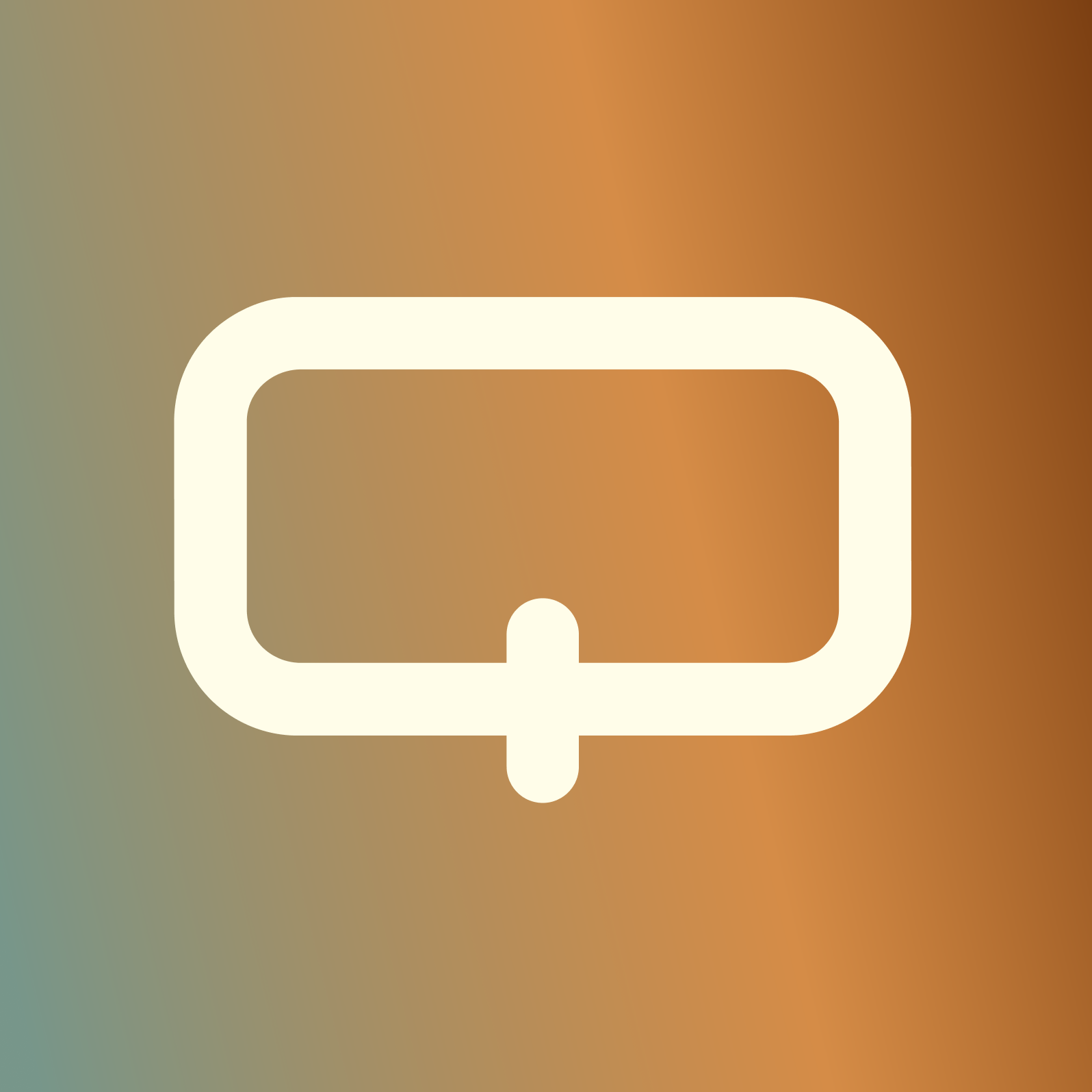 A minimalist logo featuring a thick white rounded horizontal rectangle outline with a small vertical notch extending from the bottom center, set against a smooth warm brown and muted teal gradient background.