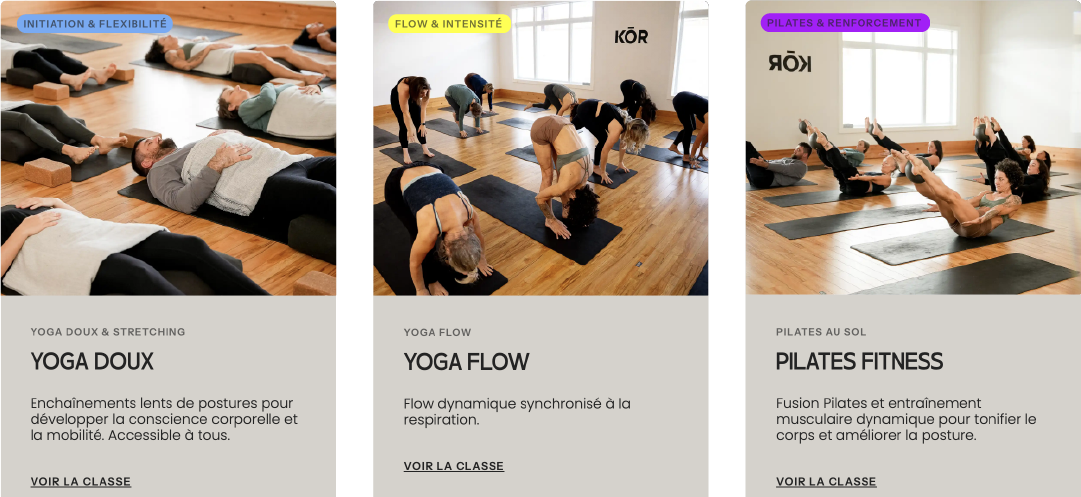 Horaire des cours de Studio KŌR présentant les séances disponibles par jour et par discipline.