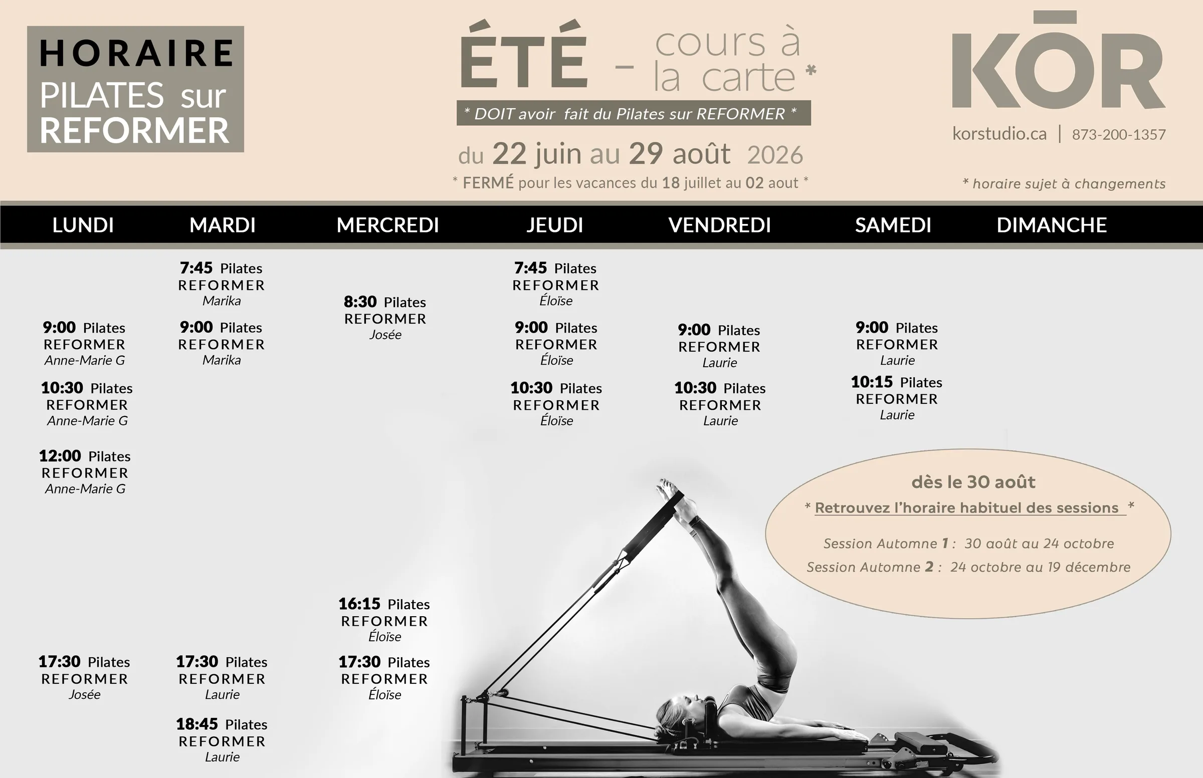 Horaire des cours de Pilates Reformer pour la session d'été 2026 au Studio KŌR.