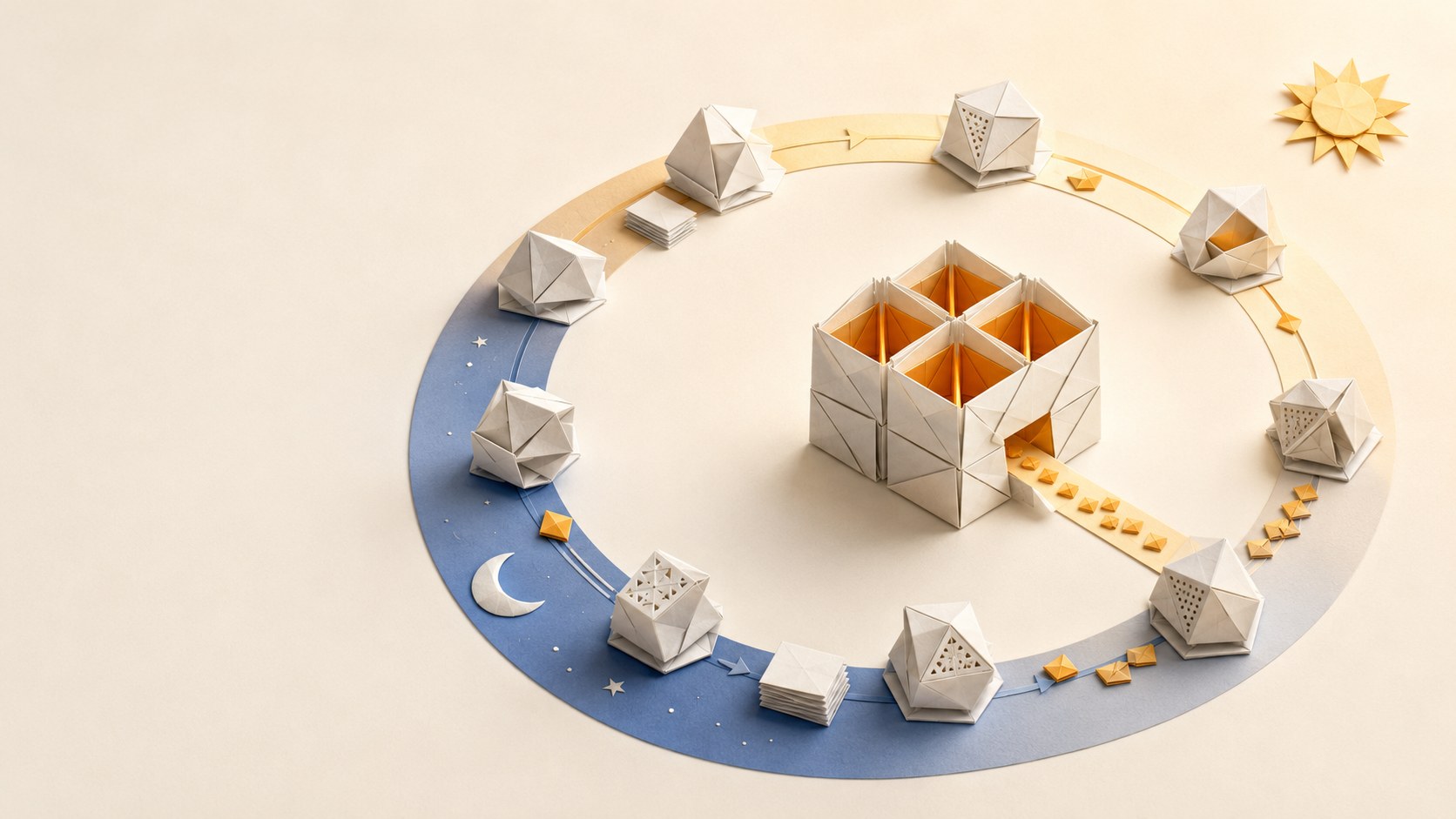Paper-craft illustration of agents running around the clock, day and night