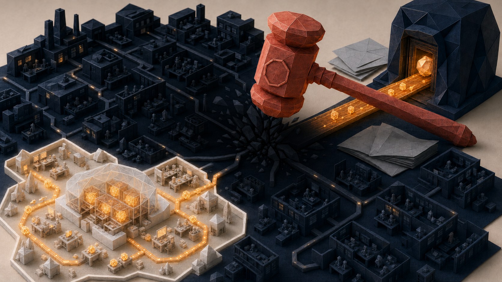 Paper-craft gavel striking a dark city while an open, glowing district keeps running