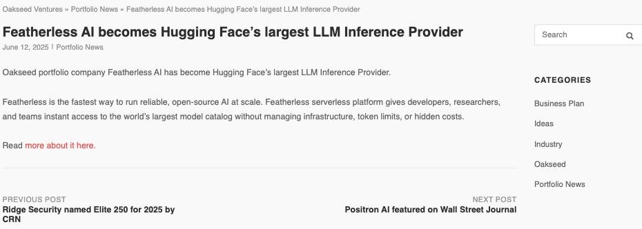Oakseed Ventures post: Featherless AI becomes Hugging Face's largest LLM Inference Provider