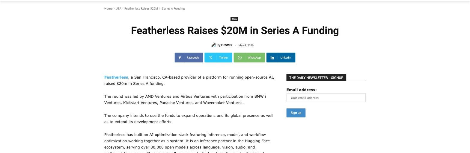 FinSMES article: Featherless Raises $20M in Series A Funding