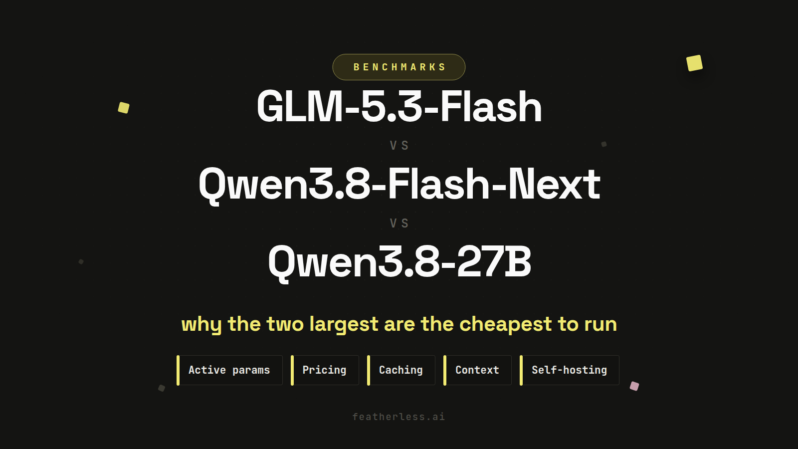 GLM-5.3-Flash vs Qwen3.8-Flash-Next vs Qwen3.8-27B: three open-weight models compared on active parameters, pricing, caching, context and self-hosting