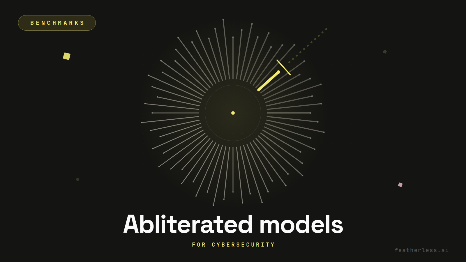Abliterated models for cybersecurity. A radial field of directions with one severed, the shape of removing a refusal direction from a model.