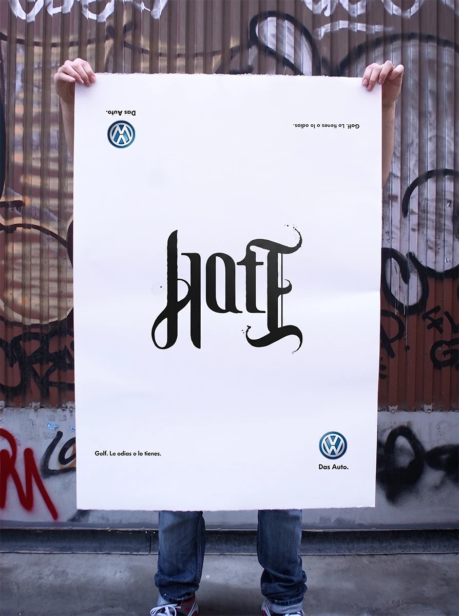 Key Visuals para Volkswagen, Ambigrama HATE/GOLF, 2011