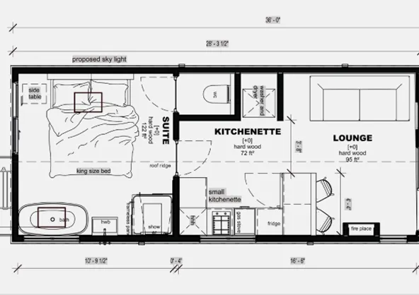 Floor plan showing a suite with king size bed, bathroom with bath and shower, kitchenette area, and lounge with sofa and fireplace.