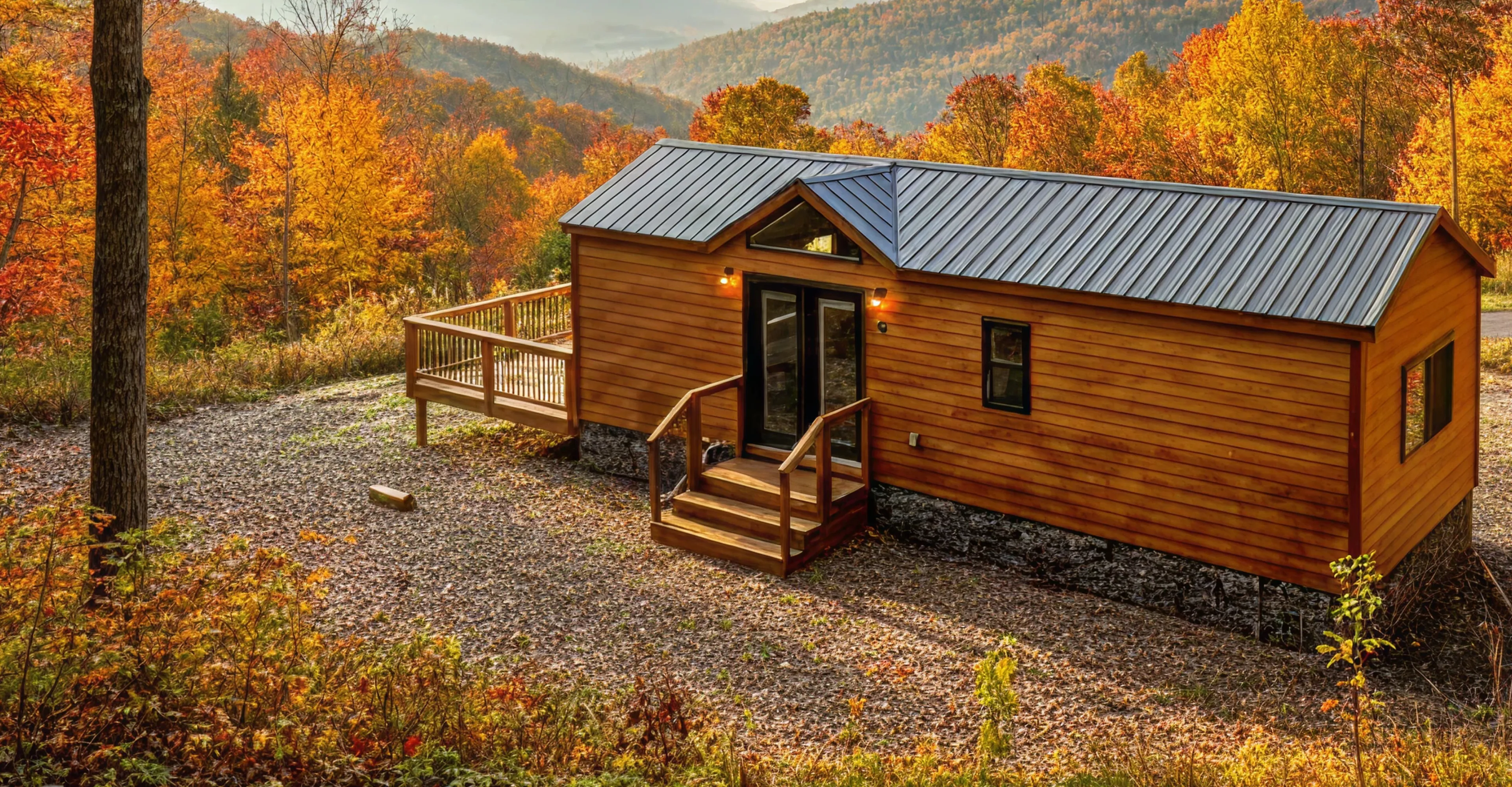 Small wooden cabin with a metal roof and a deck surrounded by autumn trees in a mountainous forest.