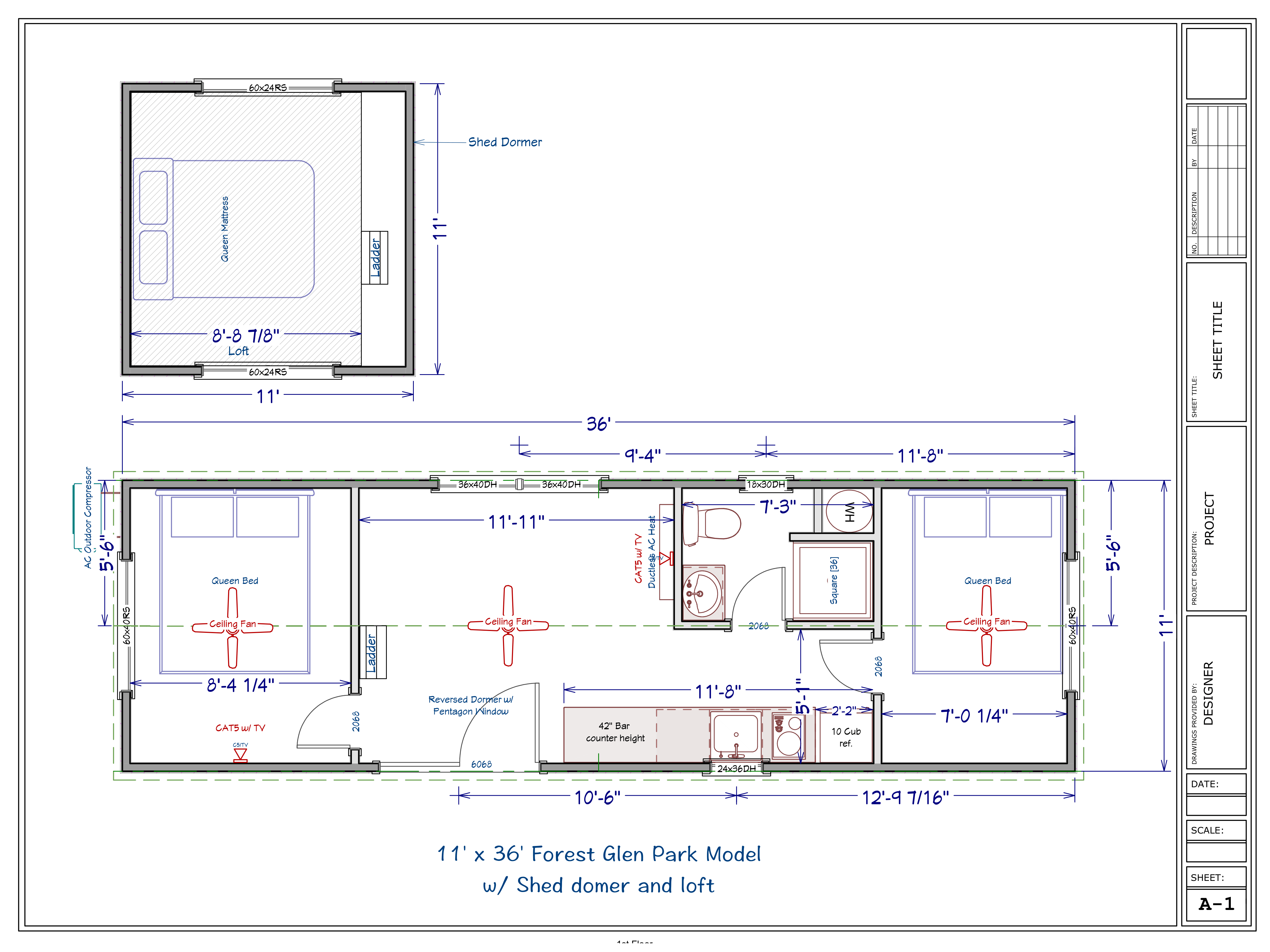 Architectural floor plan of an 11 by 36 feet Forest Glen Park Model with shed dormer and loft, showing two bedrooms with queen beds, a bathroom, kitchen with bar counter, living area, and ladder access to loft with queen mattress.