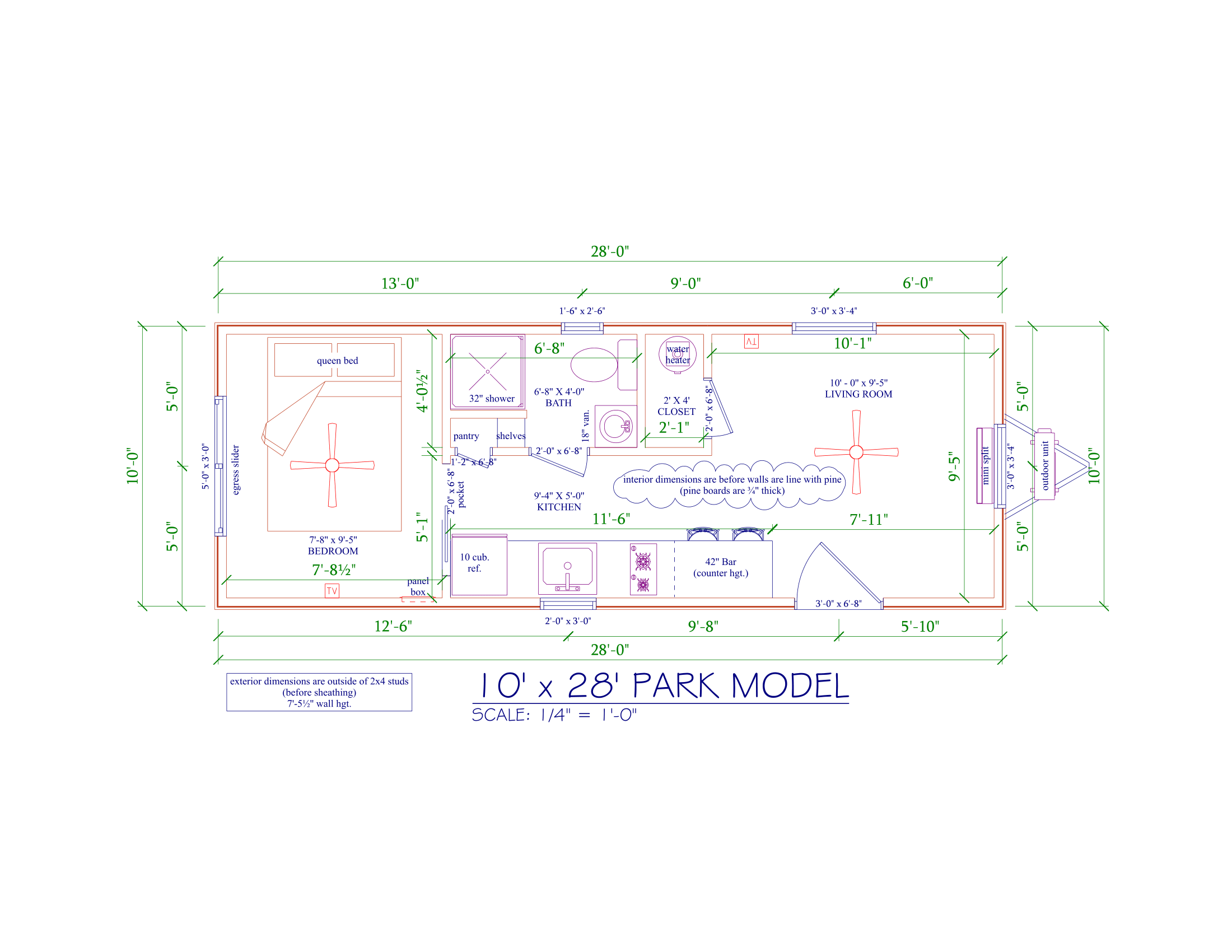 Detailed floor plan of a 10-foot by 28-foot park model home showing layout and dimensions of bedroom with queen bed, bathroom, kitchen, living room, closet, pantry, and outdoor unit placement.