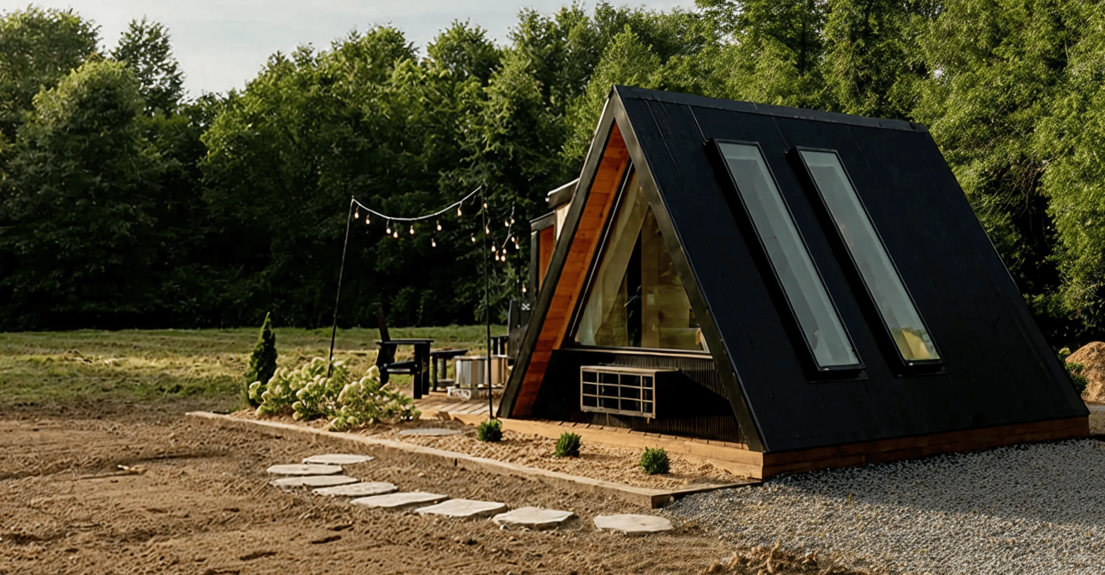 Modern triangular cabin with large windows surrounded by green trees and outdoor string lights.