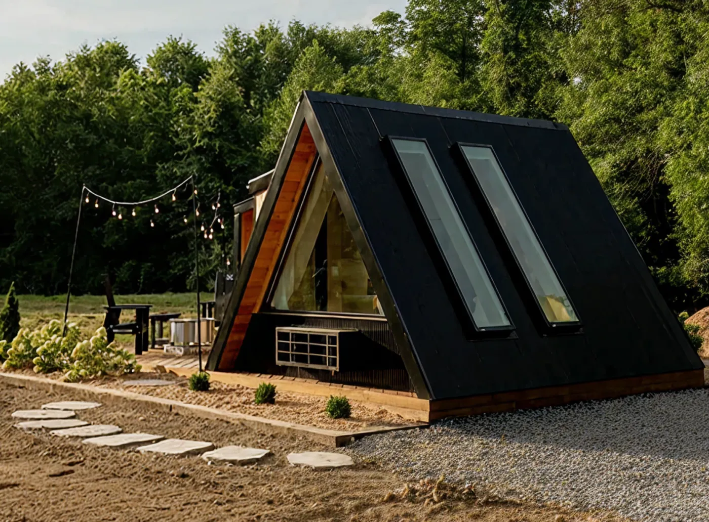 Modern triangular cabin with large windows surrounded by green trees and outdoor string lights.