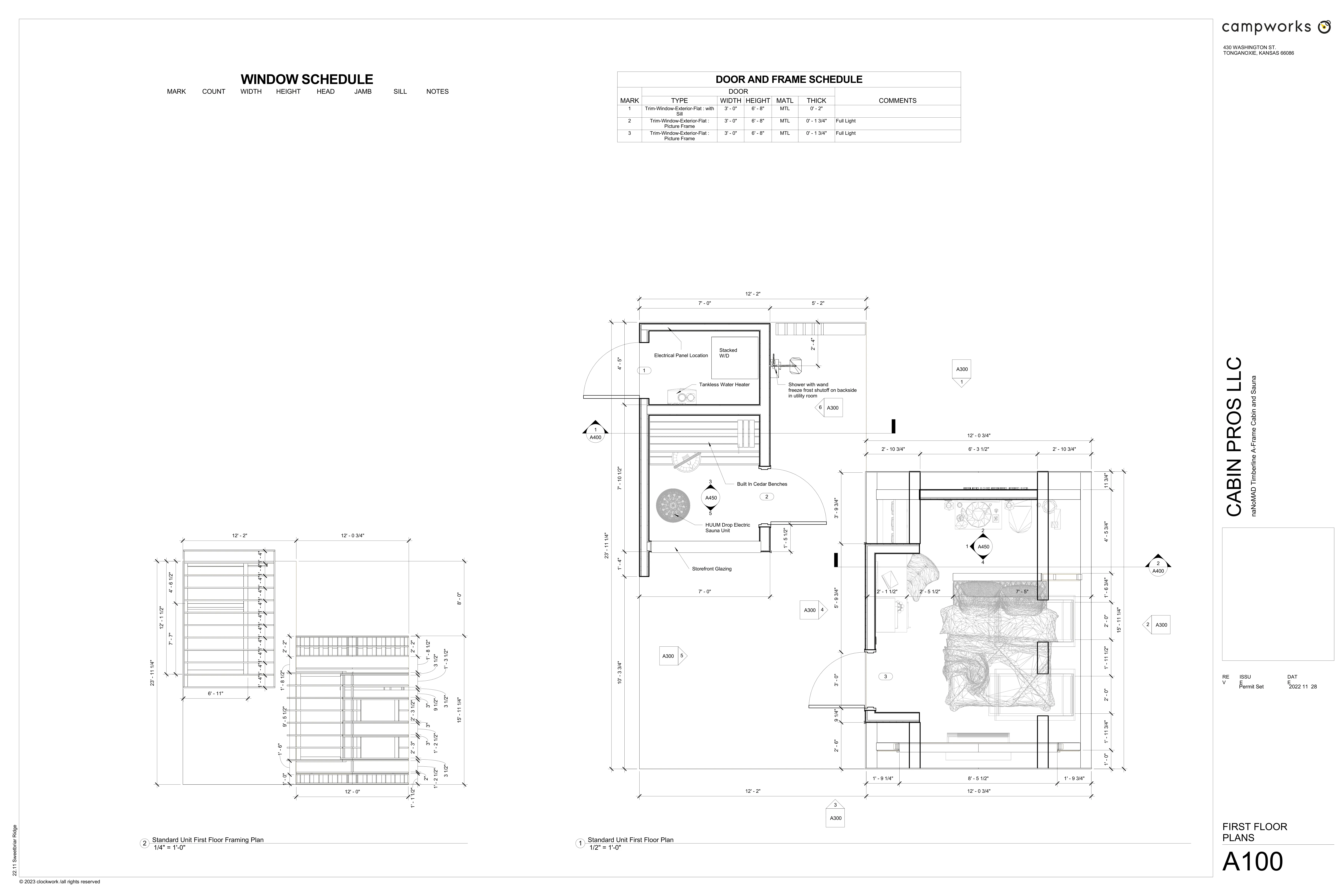 Architectural first floor plan and framing plan of a standard unit by Cabin Pros LLC, including window and door schedules with measurements and notes.