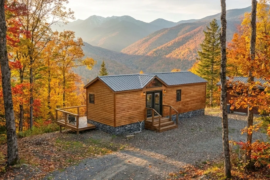 Small modern cabin with wooden siding, a metal roof, and glass double doors with a wooden stair railing, under a partly cloudy blue sky.
