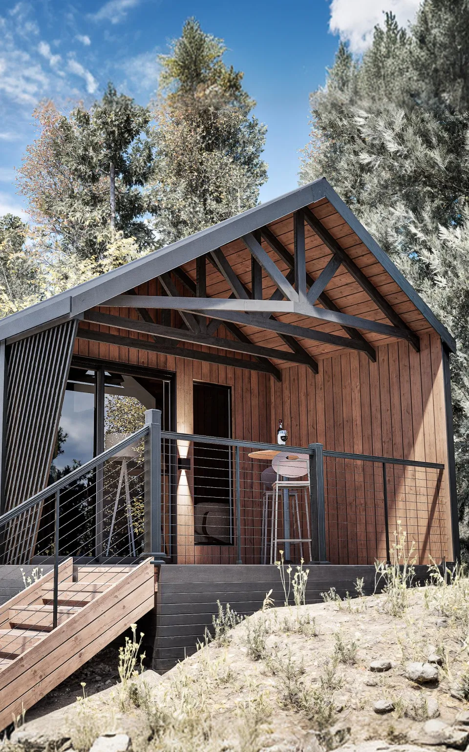 Modern cabin model Cliff with wood paneling and black accents surrounded by trees under a cloudy blue sky.