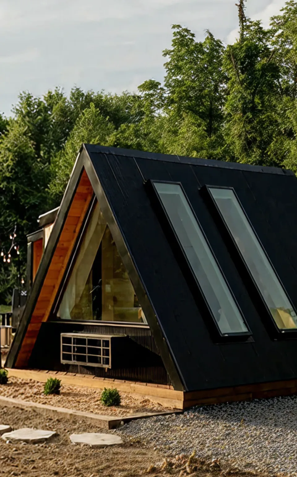 Modern triangular cabin with large windows surrounded by green trees and outdoor string lights.