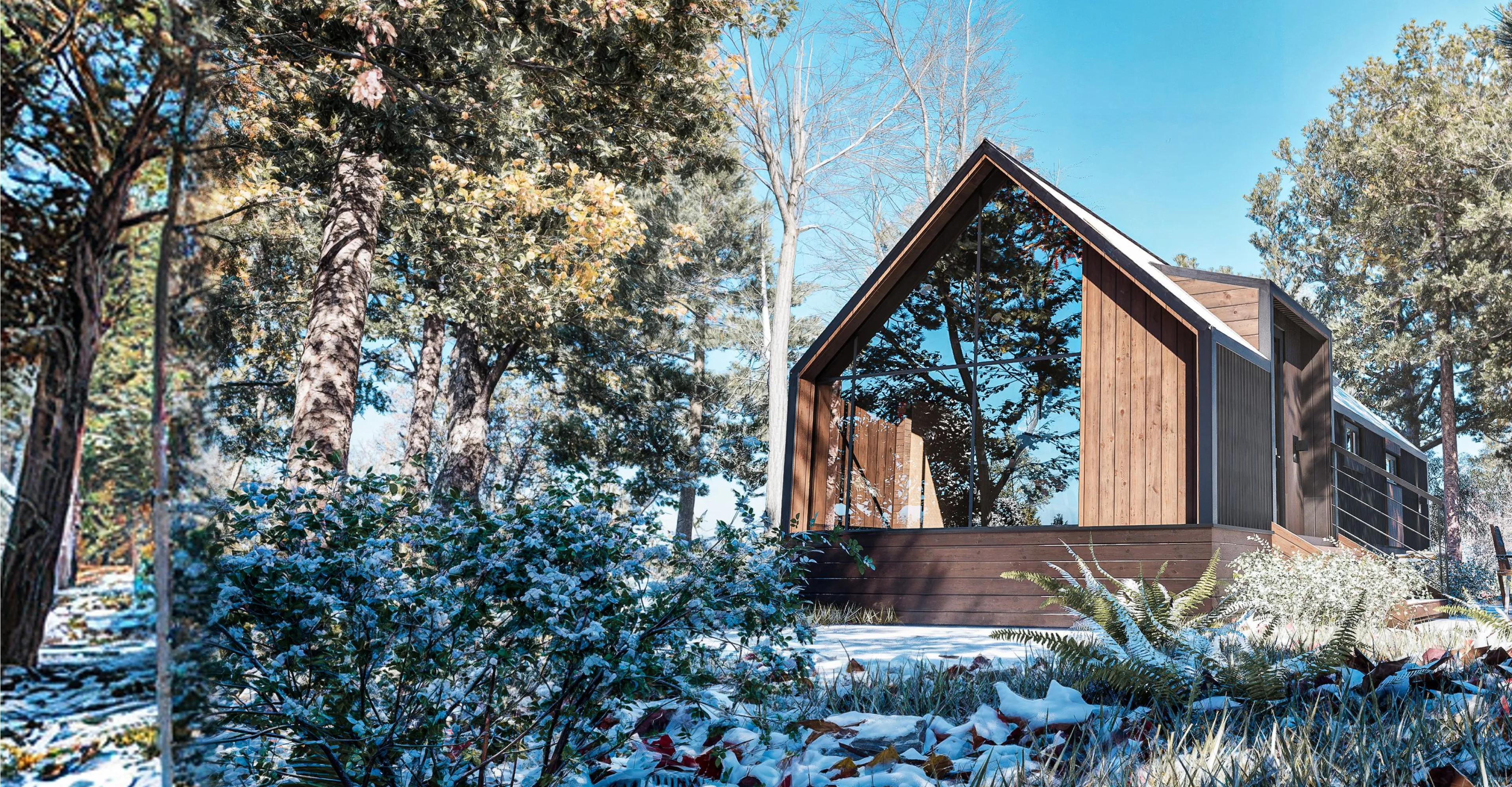 Modern wooden cabin with large glass windows surrounded by snowy forest vegetation.