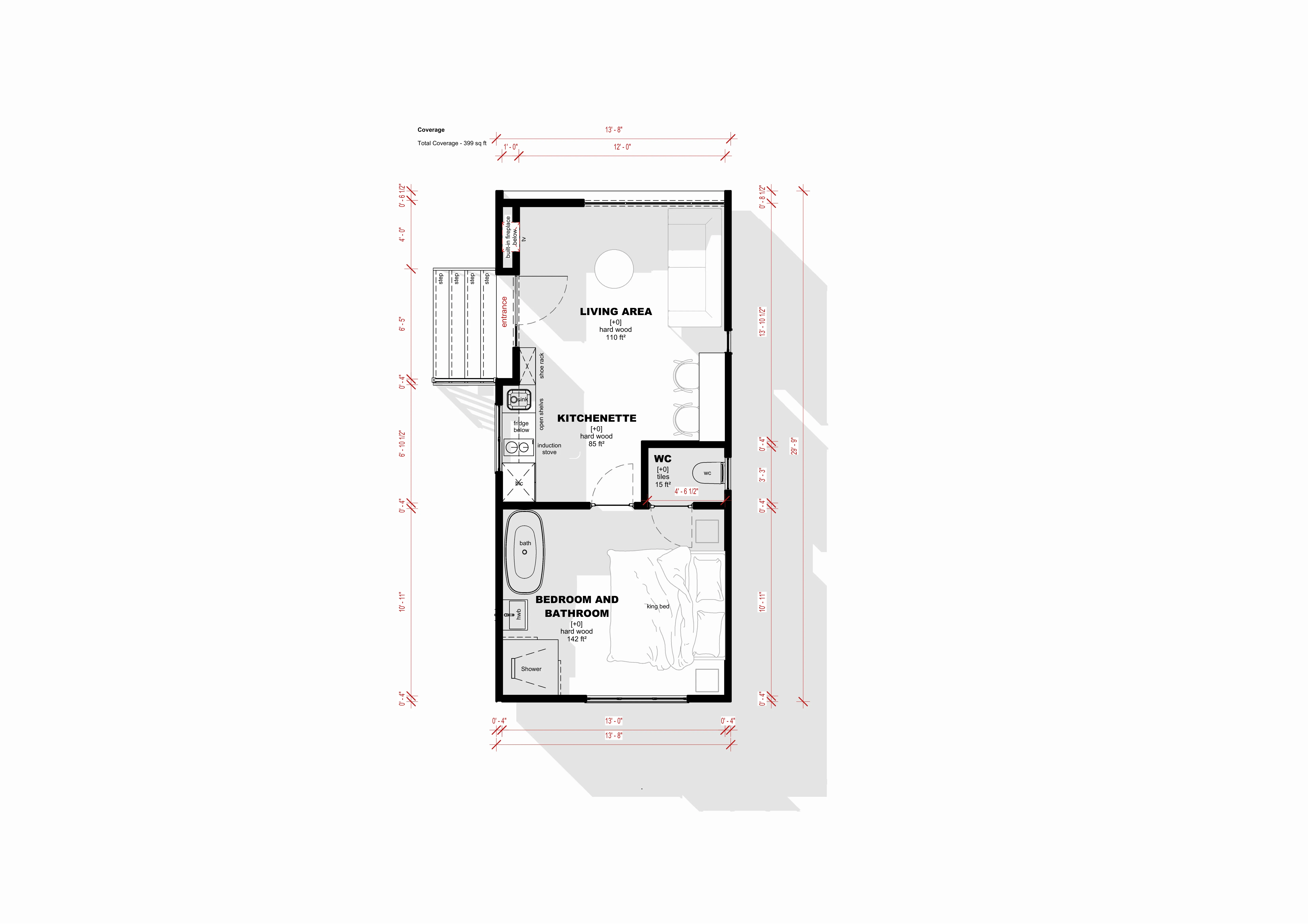 Floor plan of a small apartment featuring a living area, kitchenette, bathroom, and combined bedroom/bathroom, with labeled dimensions and furniture placement.