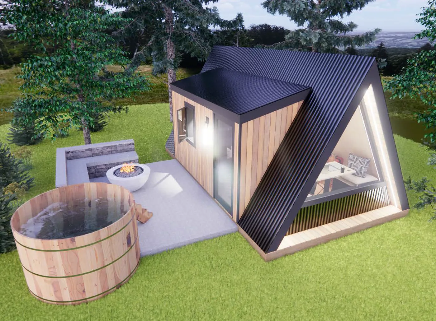 A modern A-frame tiny house with wood and black metal exterior, next to a fire pit and a round wooden hot tub, surrounded by grass and trees.