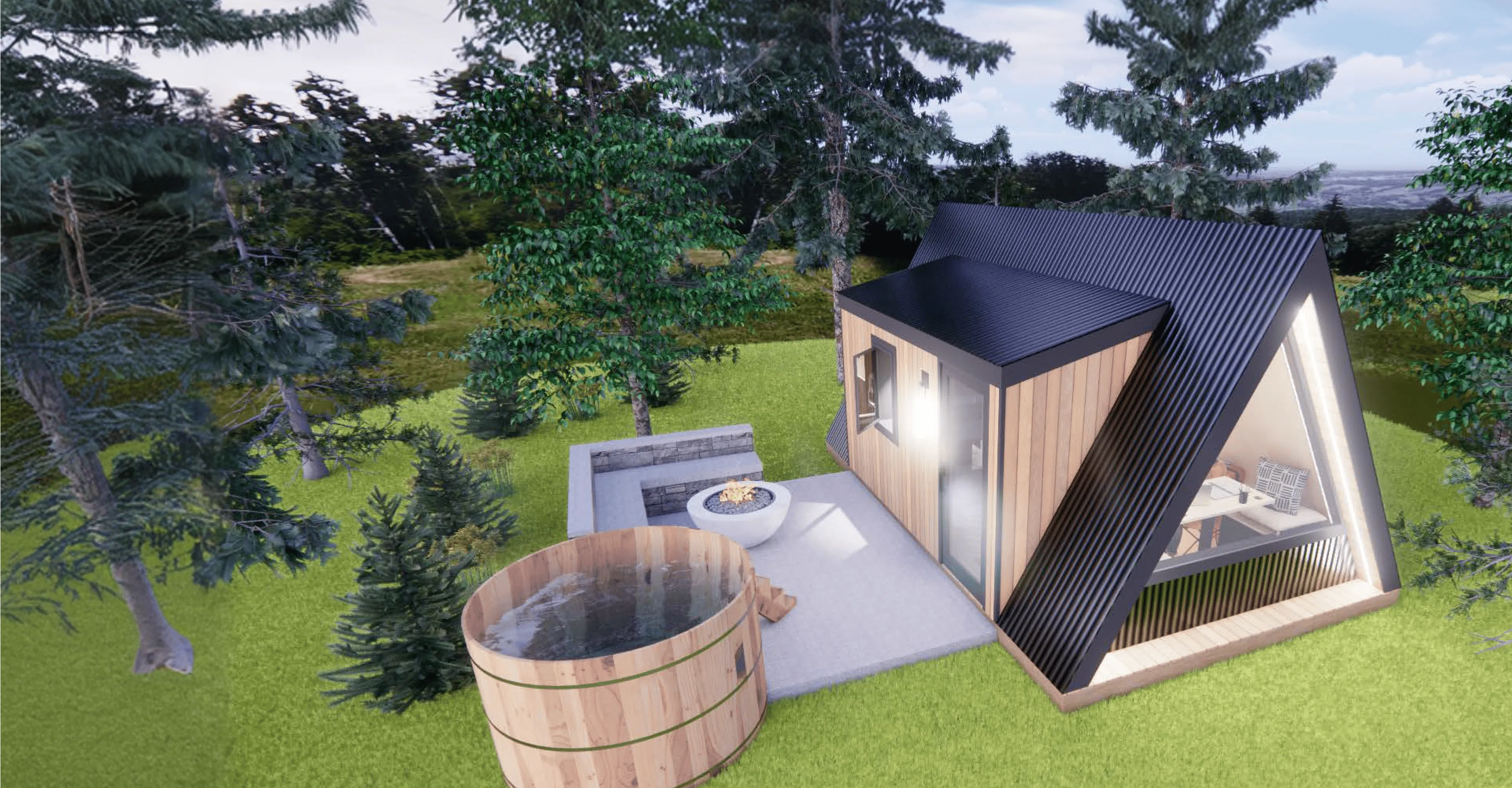 A modern A-frame tiny house with wood and black metal exterior, next to a fire pit and a round wooden hot tub, surrounded by grass and trees.