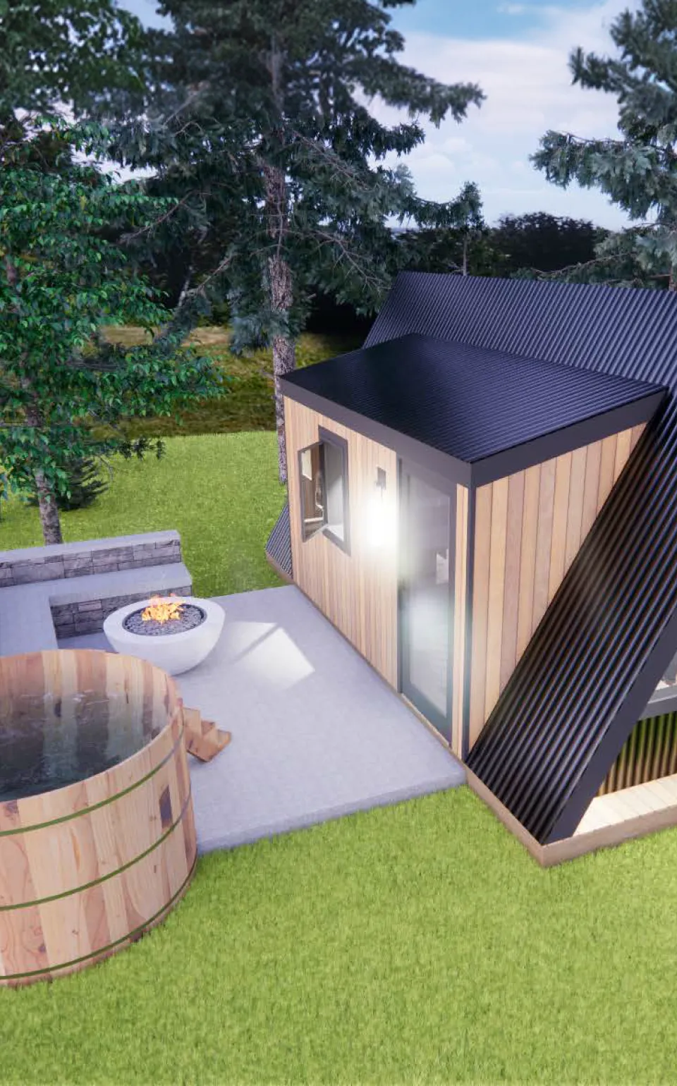 A modern A-frame tiny house with wood and black metal exterior, next to a fire pit and a round wooden hot tub, surrounded by grass and trees.
