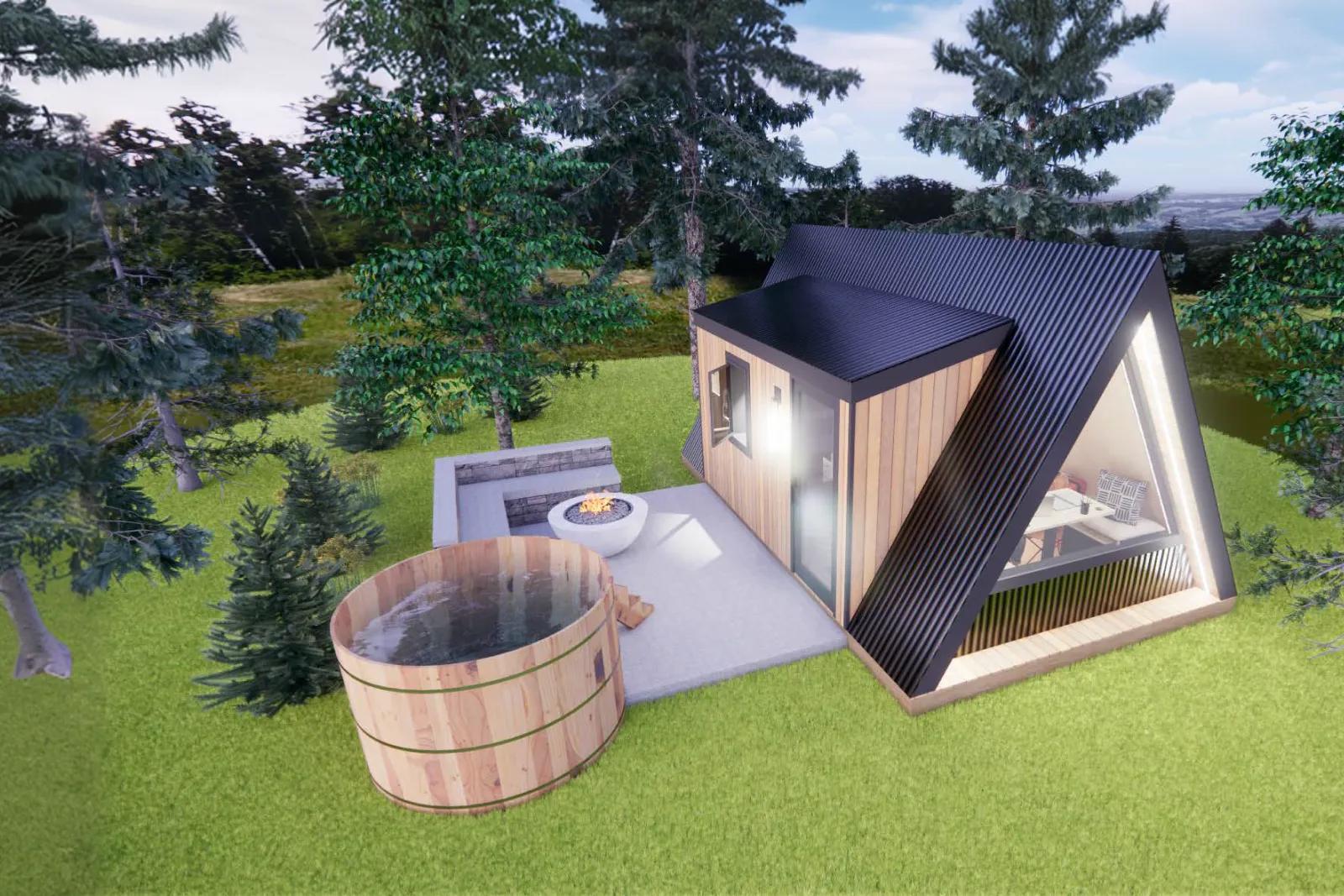 A modern A-frame tiny house with wood and black metal exterior, next to a fire pit and a round wooden hot tub, surrounded by grass and trees.
