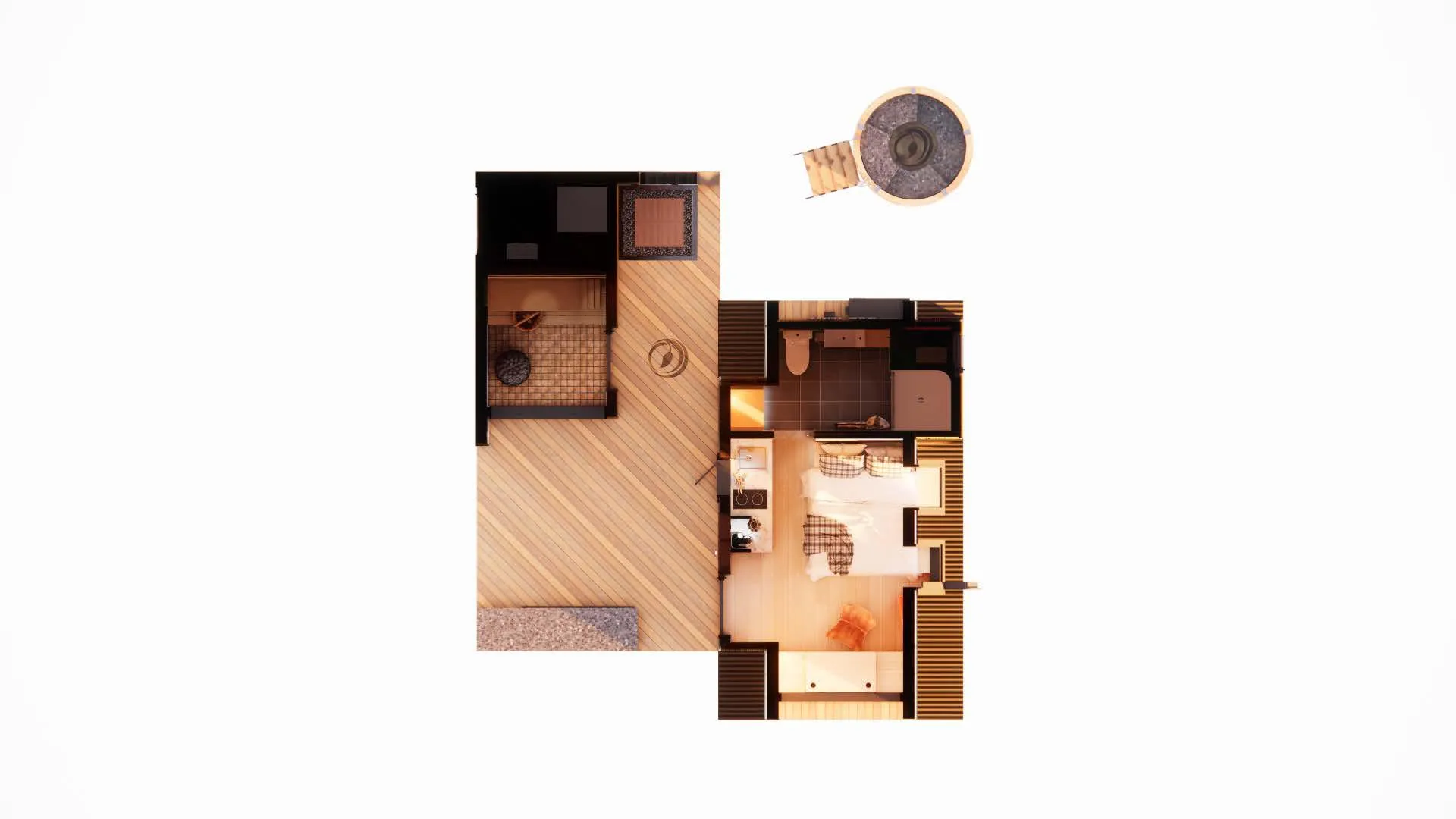 Top-down view of a small, modern cabin floor plan with distinct living, bathroom, and outdoor areas, plus a circular exterior structure connected by a path.