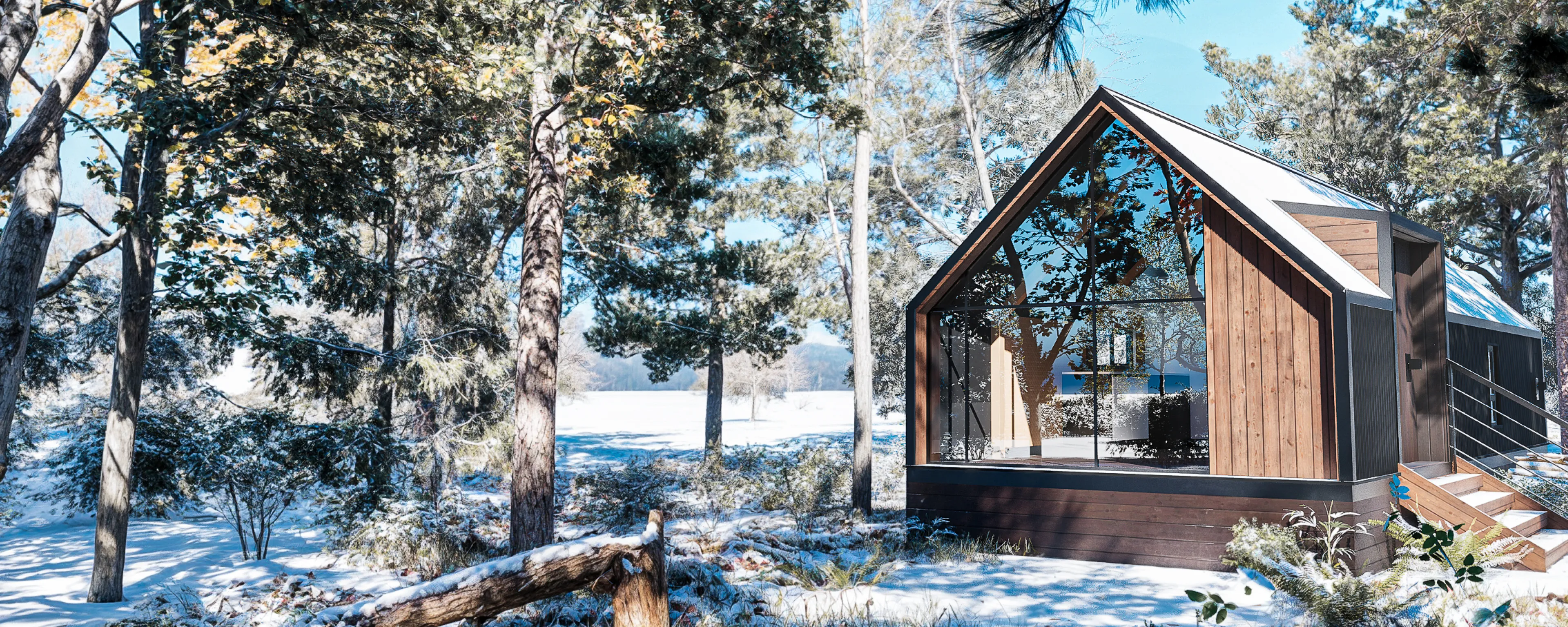 A modern wooden cabin with large glass windows sits in a snowy forested area, surrounded by tall trees and natural vegetation.