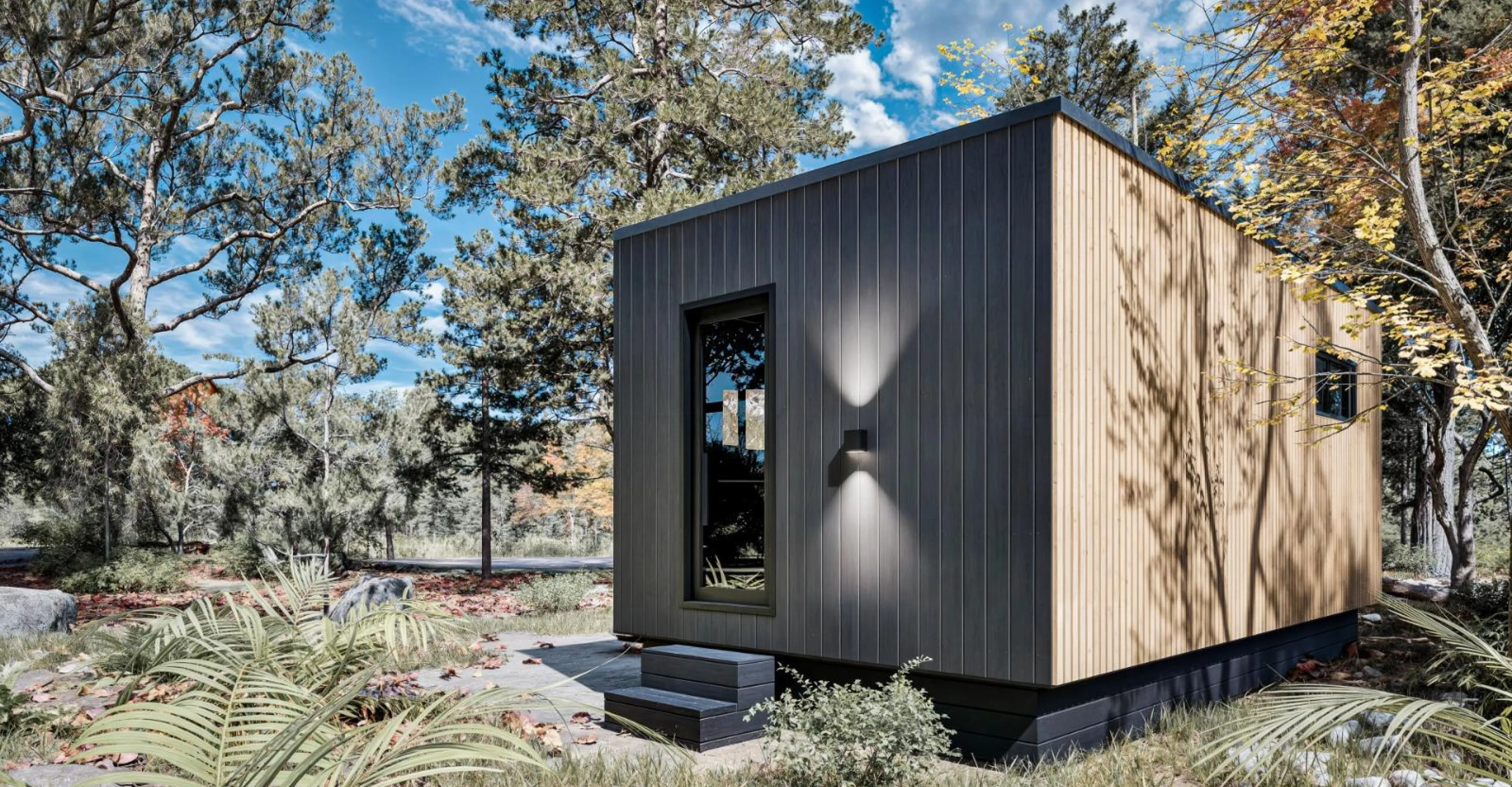 Modern cabin with wood paneling and a single window, set in a forested area with plants and trees.