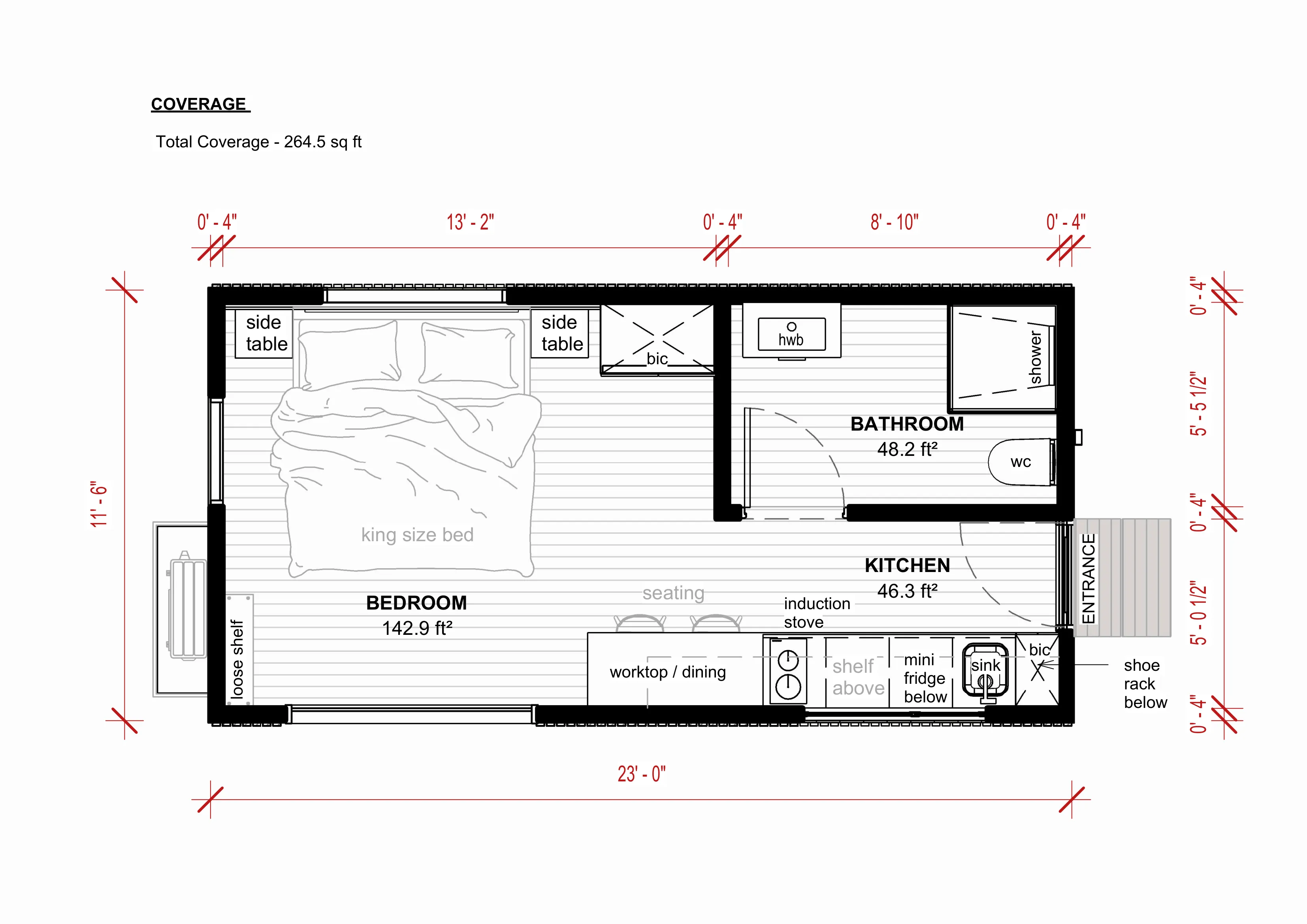 Floor plan of a compact cabin living space with a bedroom, kitchen, and bathroom; includes labeled furniture, appliances, and room dimensions. Total coverage: 264.5 sq ft.