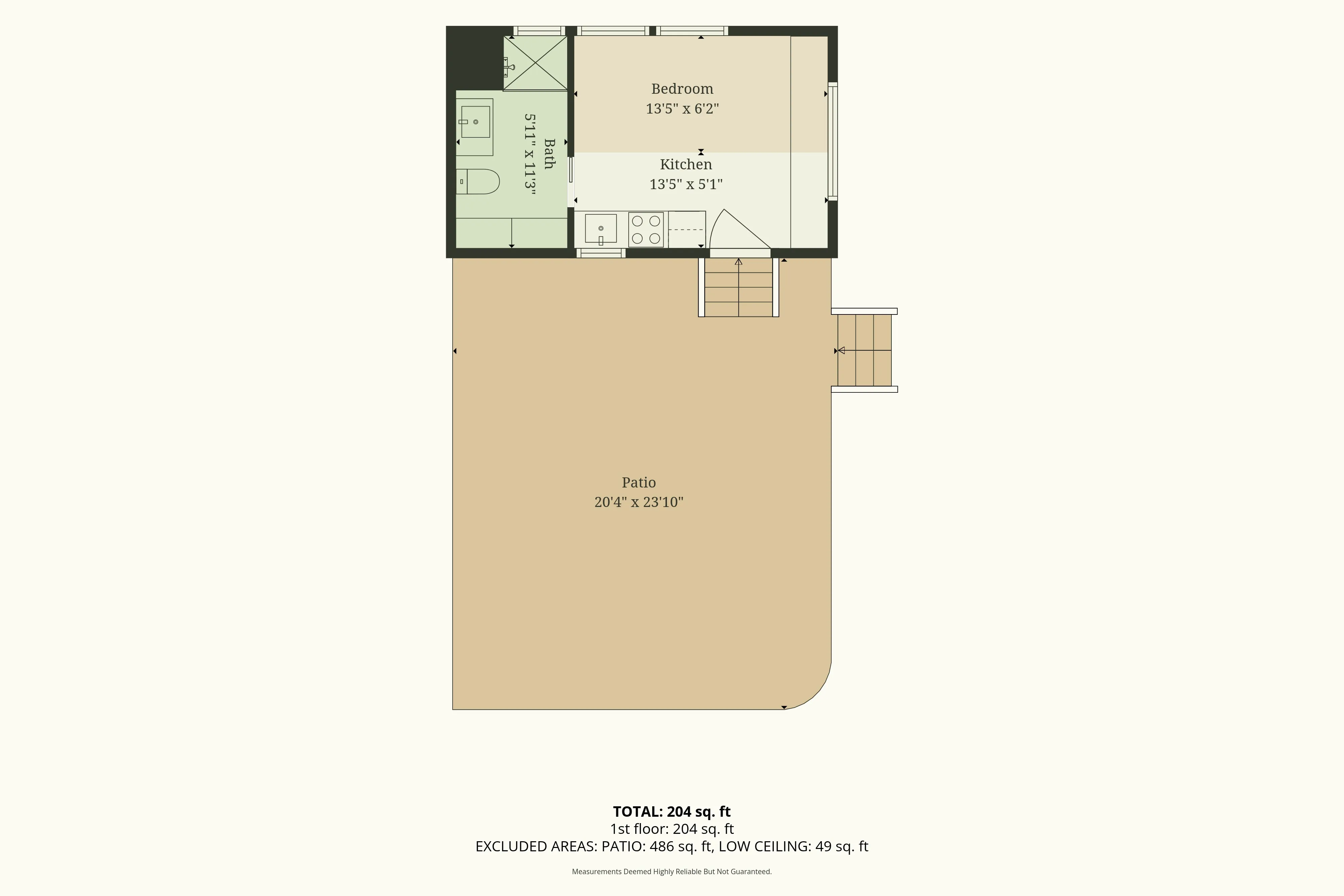 Floor plan showing a bedroom (13'5" x 6'2"), kitchen (13'5" x 5'1"), bathroom (5'11" x 11'3"), and patio (20'4" x 23'10") totaling 204 sq. ft. with excluded patio and low ceiling areas.
