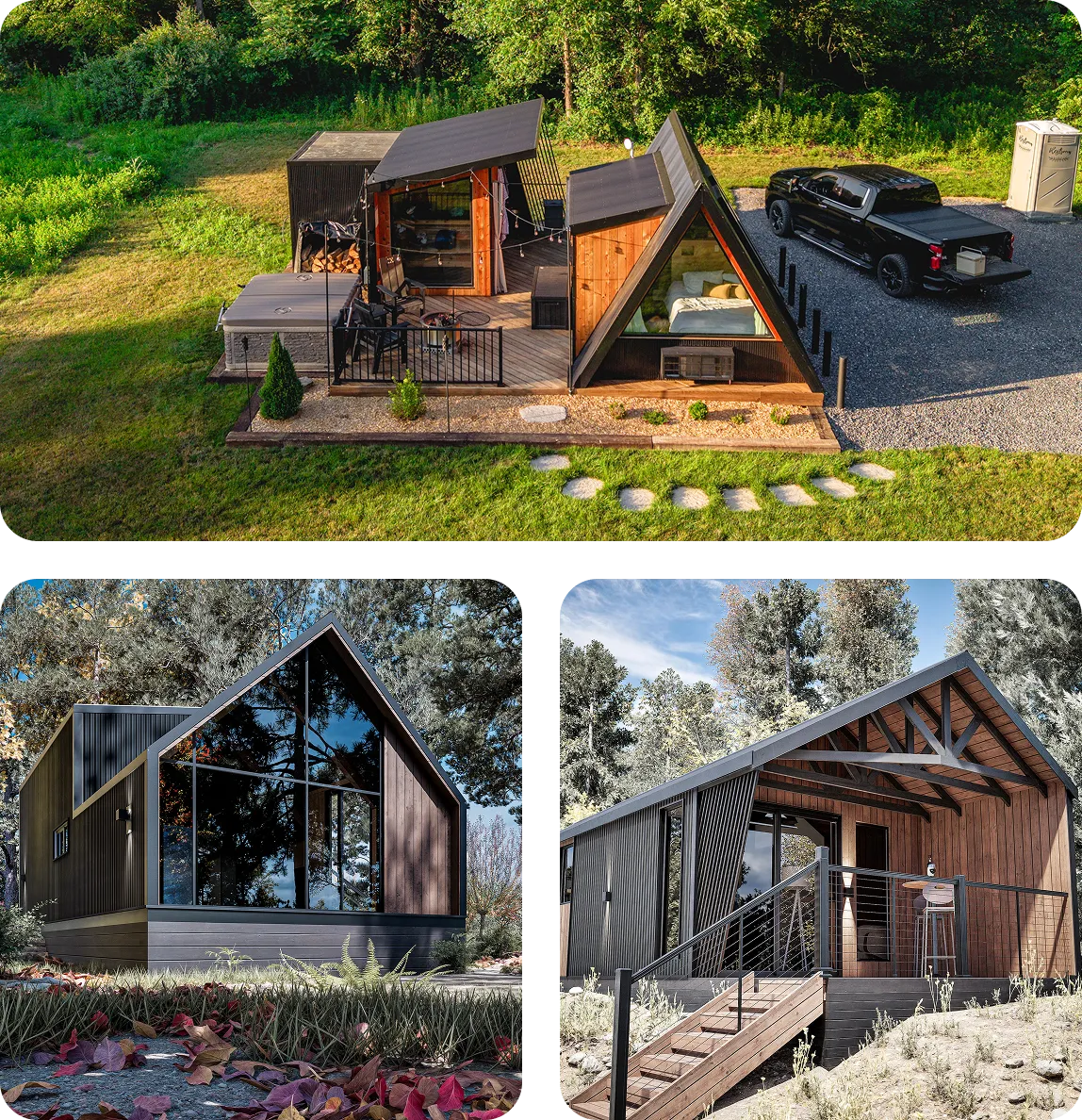 A collage showing an A-frame cabin with a hot tub and truck, a modern cabin with a glass front, and a cabin with a covered deck and stairs.