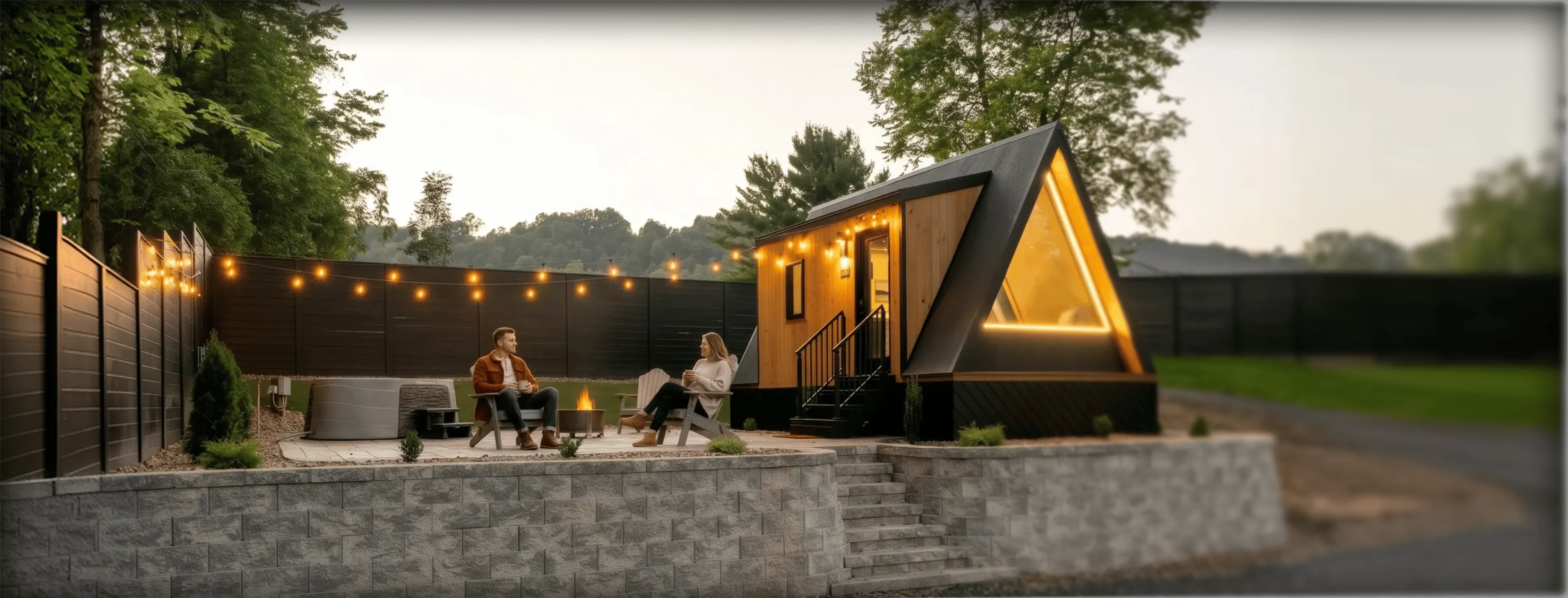 Two people sit in chairs by a fire pit outside an A-frame tiny house at dusk, illuminated by string lights.