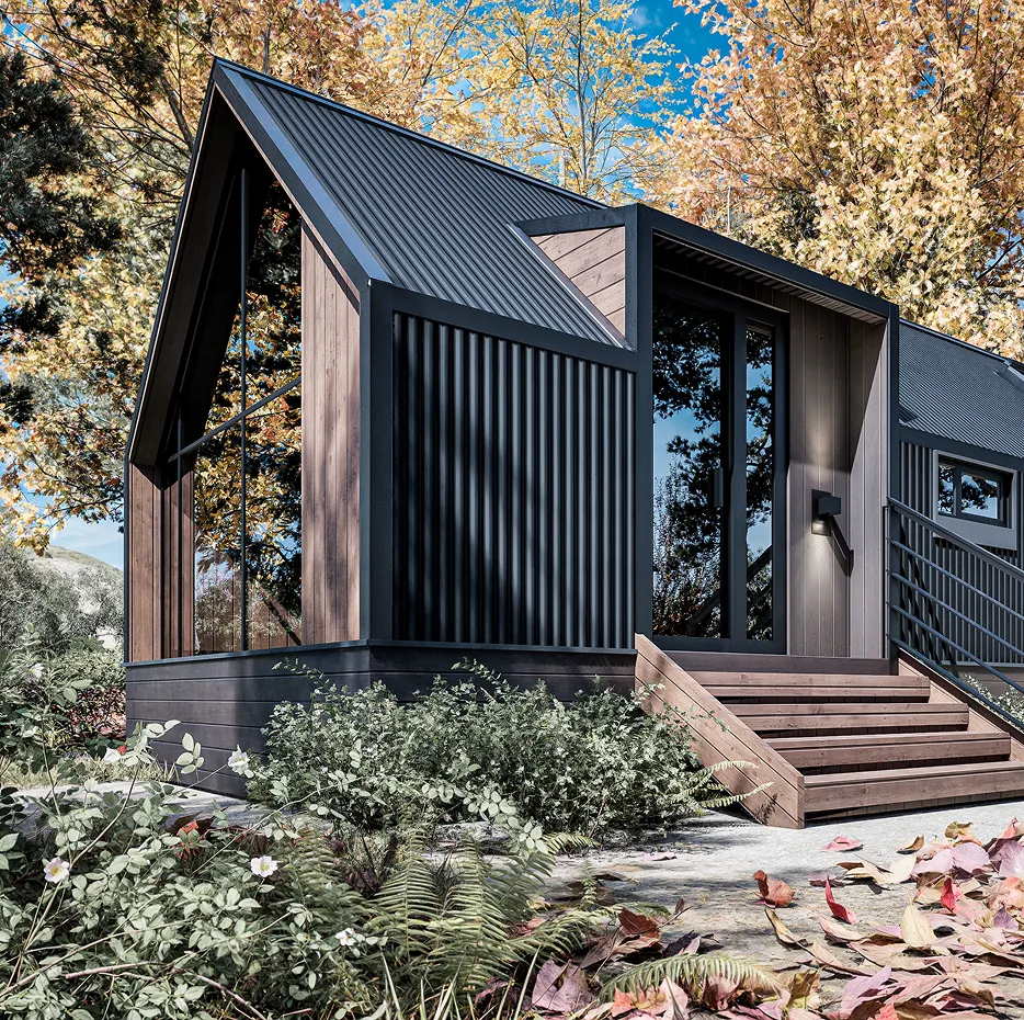 The Northwood model with black corrugated metal siding and large windows, featuring wooden stairs leading to a side entrance.