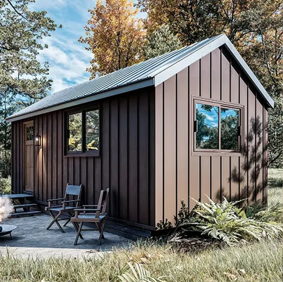 The Adirondack brown cabin with vertical siding and a metal roof, with two wooden chairs on a patio in front.