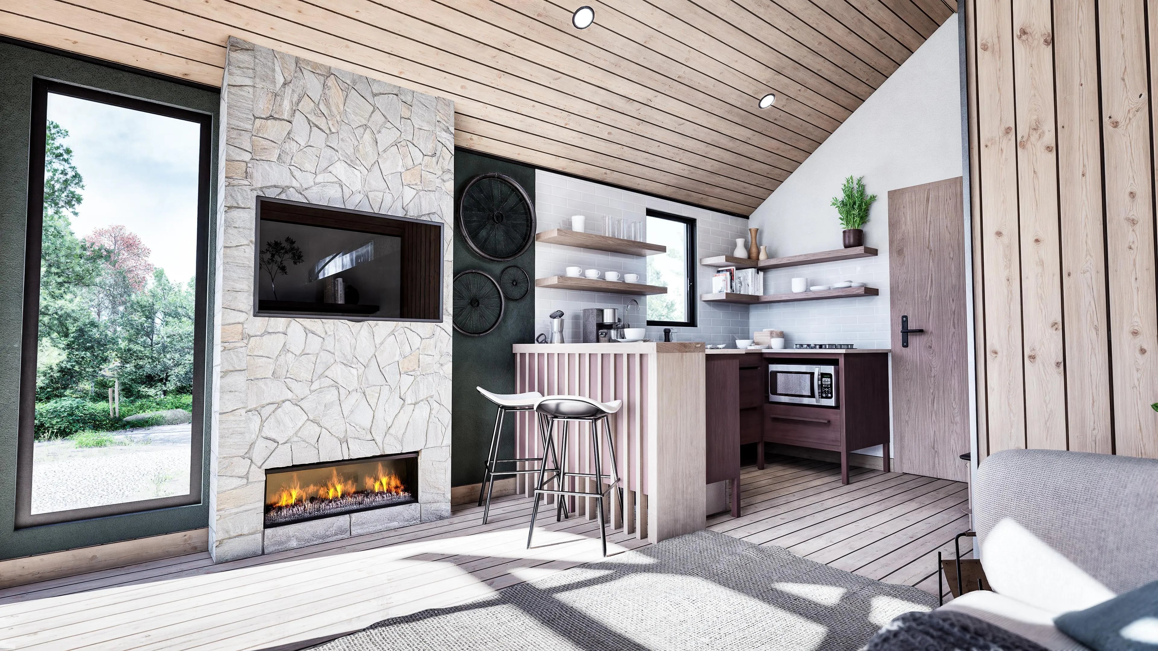 Modern, compact kitchen and living area with wood and stone finishes, large windows, open shelving, a built-in fireplace, and bar seating.