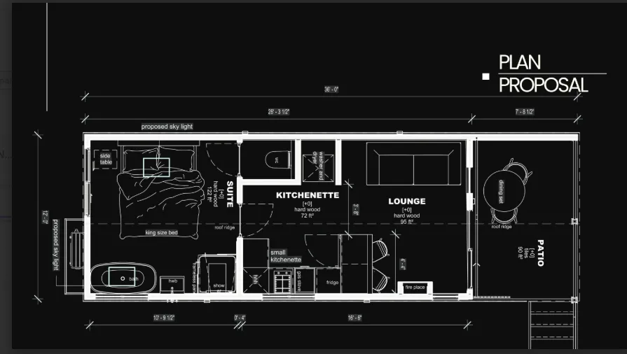 Black and white architectural floor plan of the Cliff Park Model showing a bedroom, kitchenette, lounge, bathroom, and patio.