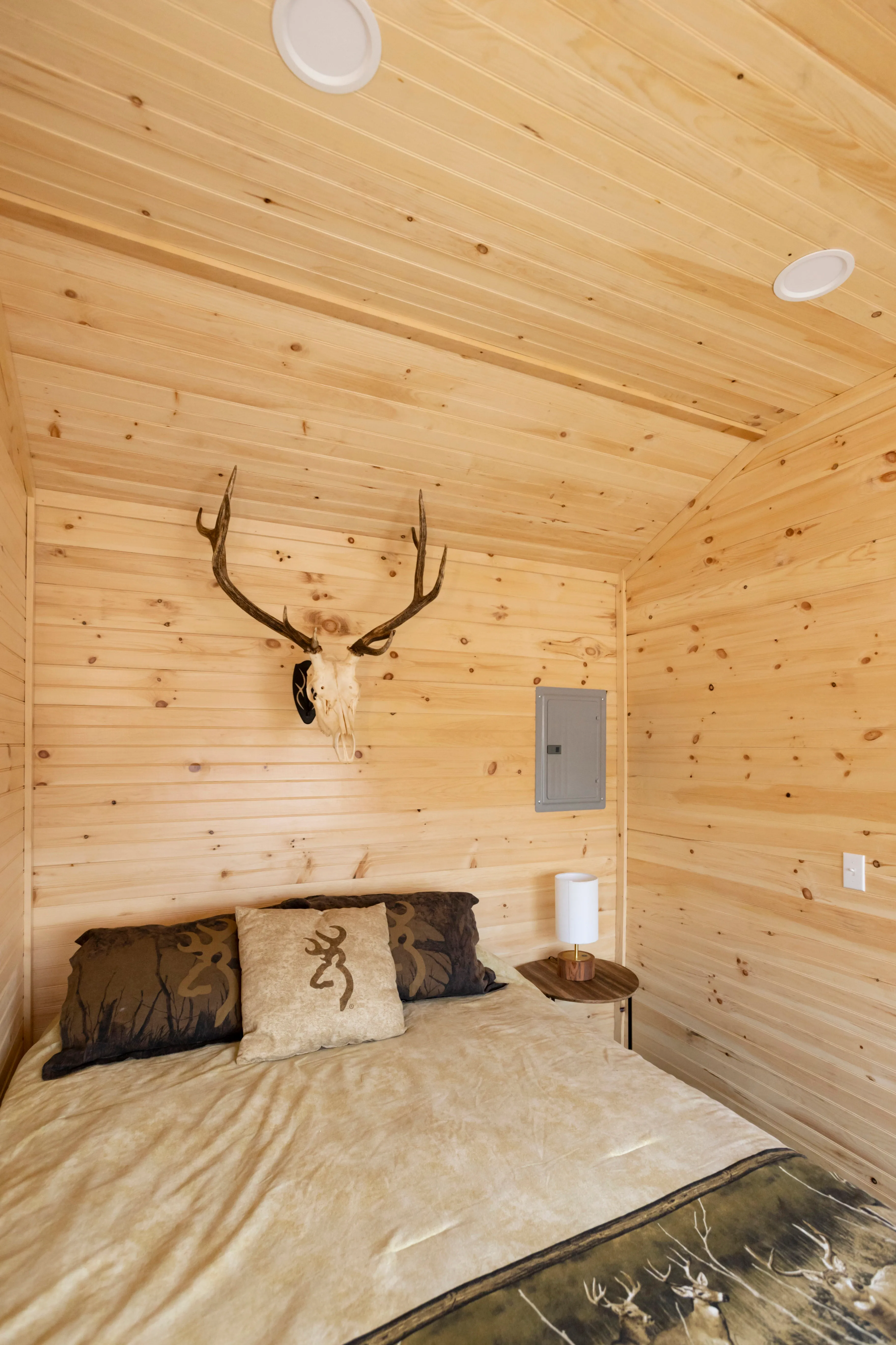 A small wooden room with a bed, a side table with a lamp, and a mounted deer skull with antlers on the wall above the bed.