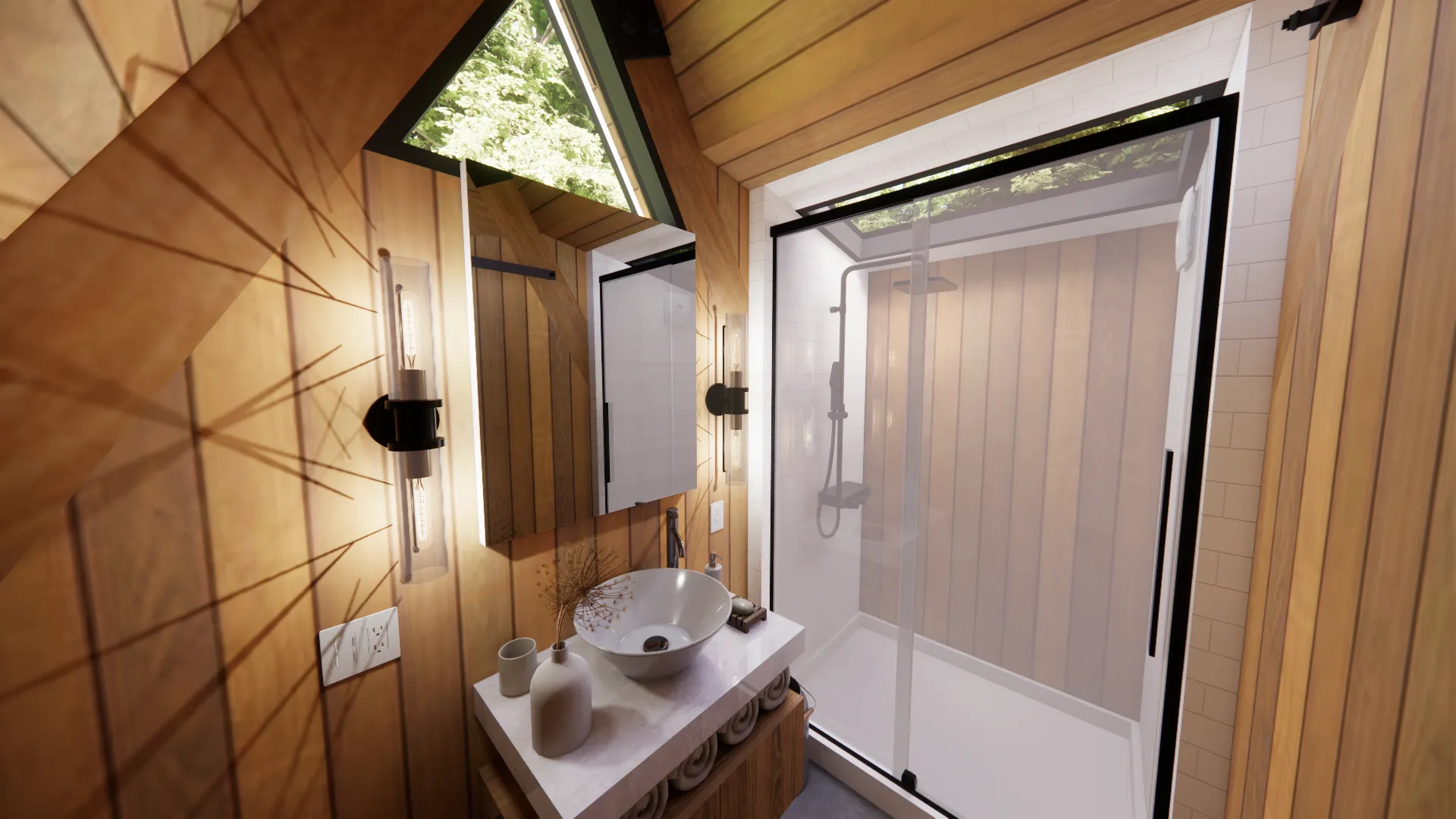 Modern bathroom with wood-paneled walls, a round vessel sink on a small counter, a large mirror, and a glass-enclosed shower with a rainfall showerhead.