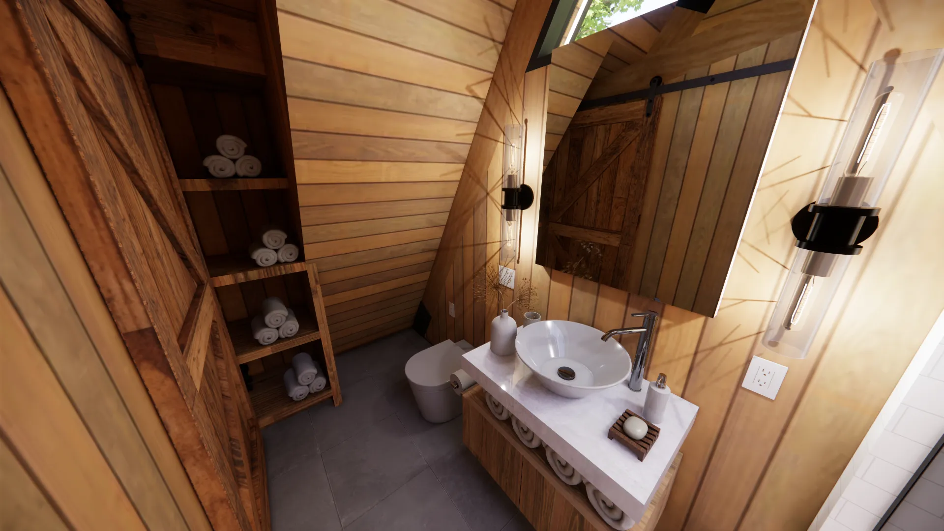 Small modern bathroom with wood-paneled walls, vessel sink on a vanity, round mirror, rolled towels on open shelves, wall sconces, and a sliding barn door.