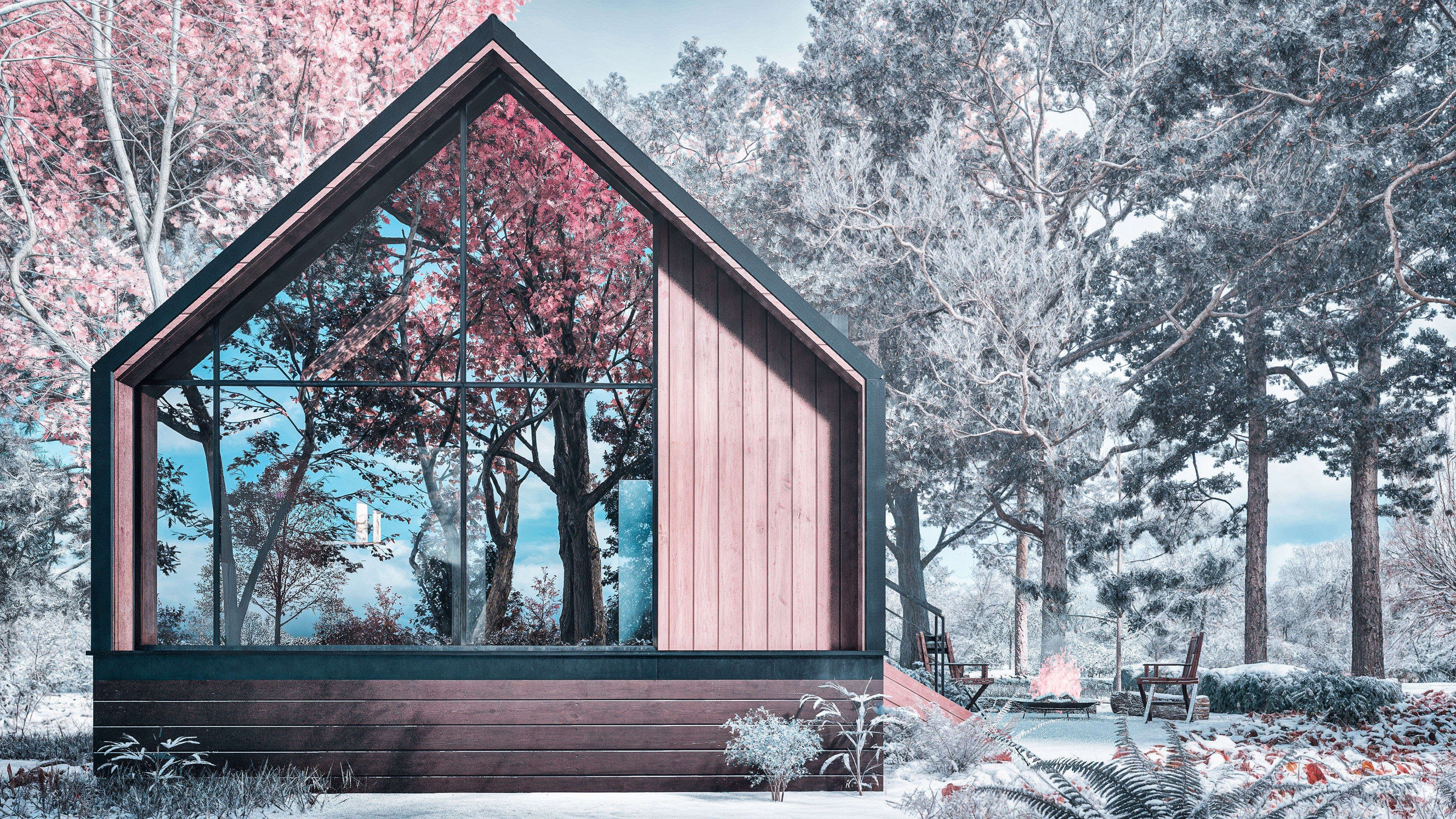 A small modern cabin with large glass windows sits among tall trees, with outdoor seating and a firepit visible in the background.