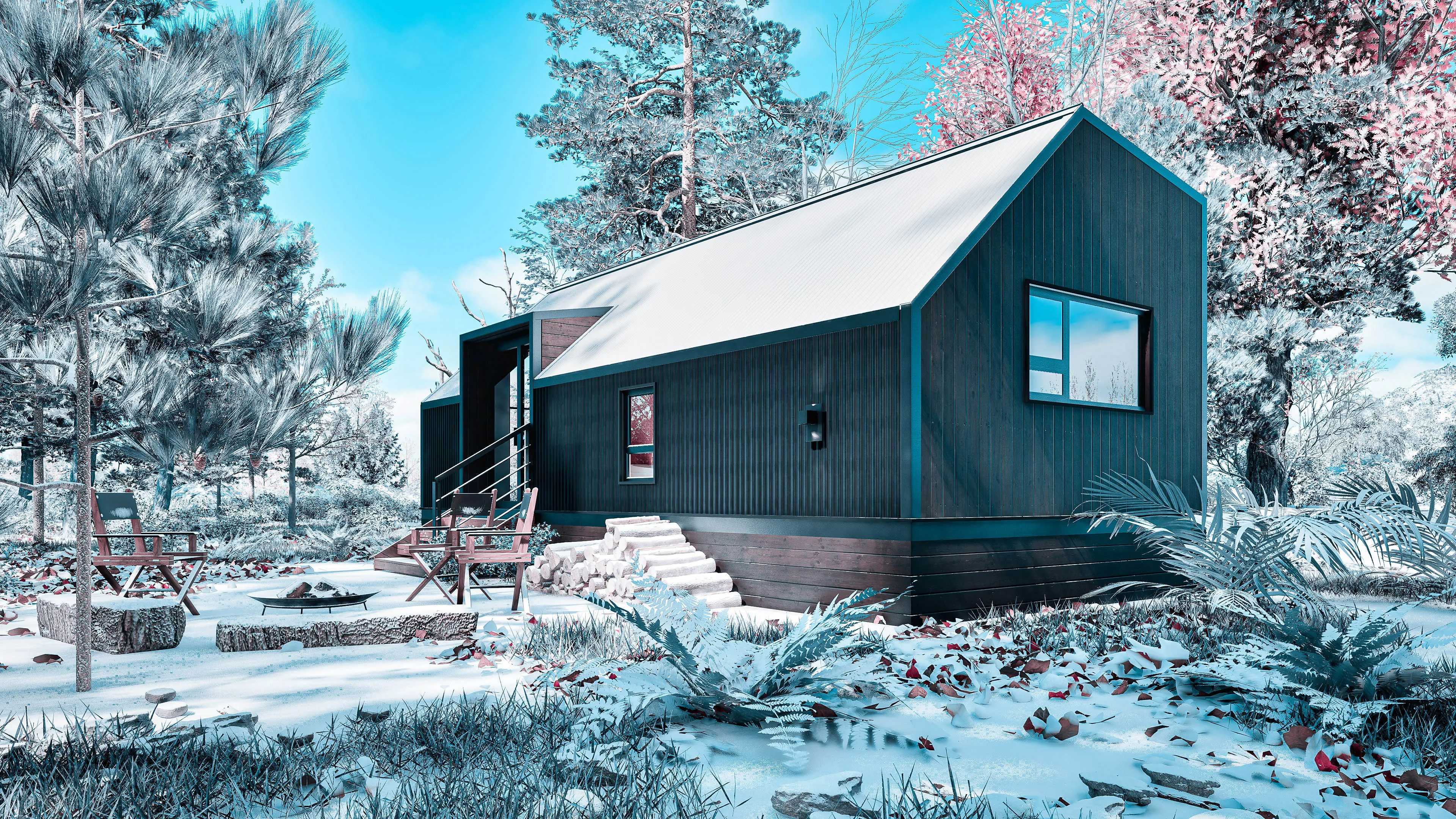 A modern tiny house with dark wood siding sits elevated in a snowy forest clearing, surrounded by trees and outdoor seating near a fire pit.