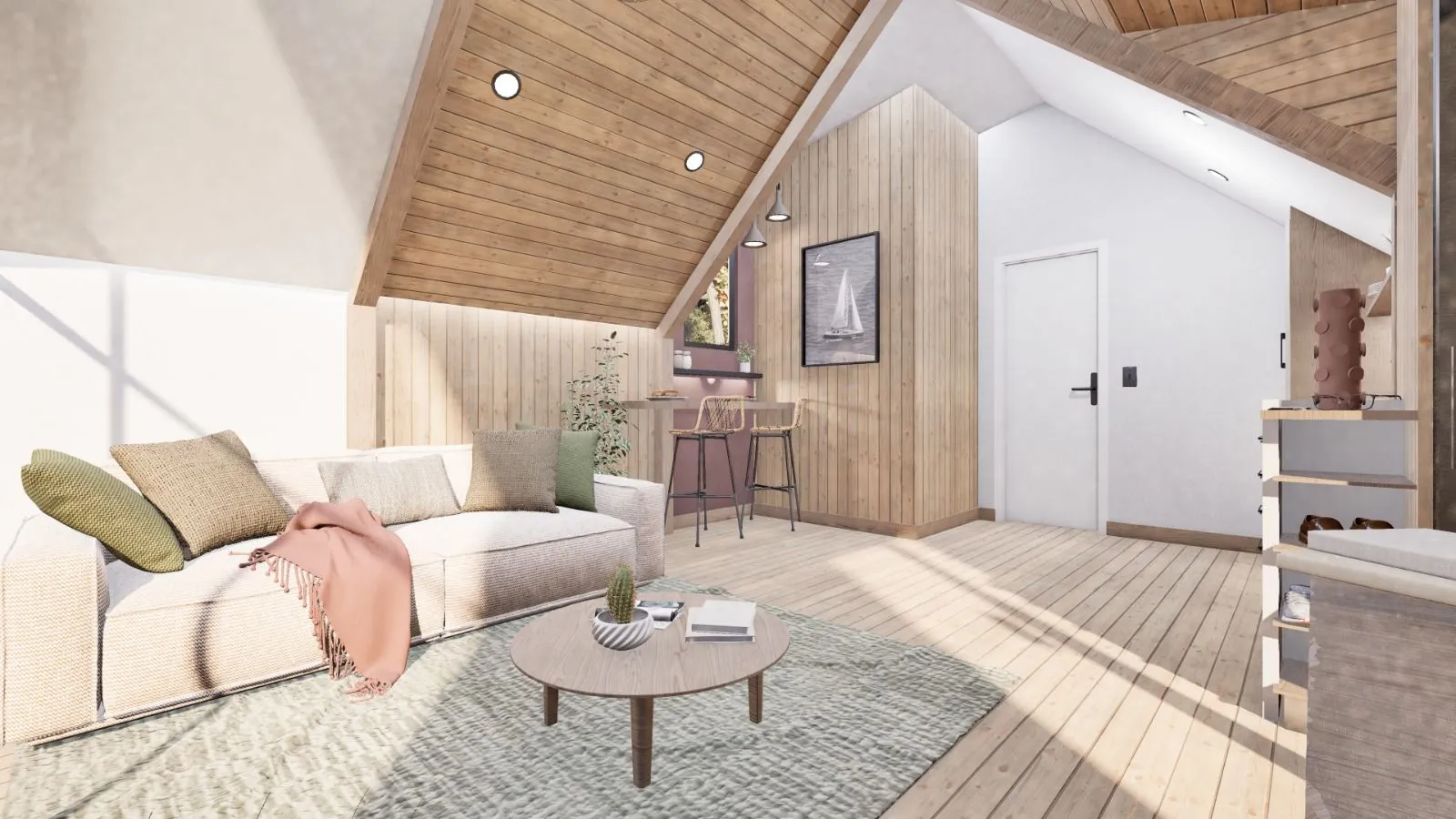 Modern living room with sloped wooden ceilings, neutral furnishings, a round coffee table, bar stools by a window, and wall art above a light wood floor.